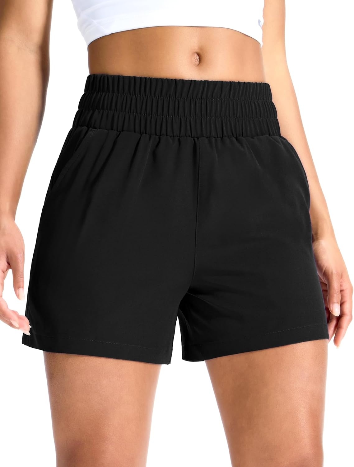 image:imageMIER Running Shorts for Women Quick Dry Mid Waisted Athletic Workout Gym Shorts with Mesh Liner 4 Inch Inseam 3 PocketsBlack