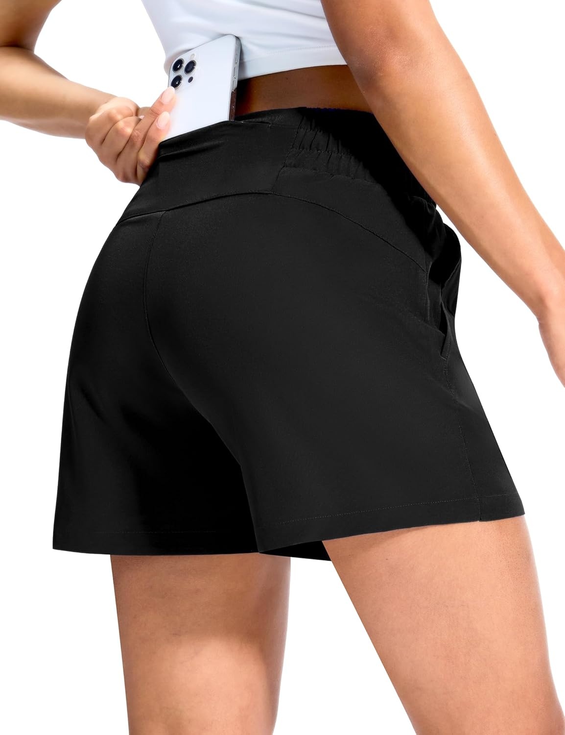 image:imageMIER Running Shorts for Women Quick Dry Mid Waisted Athletic Workout Gym Shorts with Mesh Liner 4 Inch Inseam 3 PocketsBlack