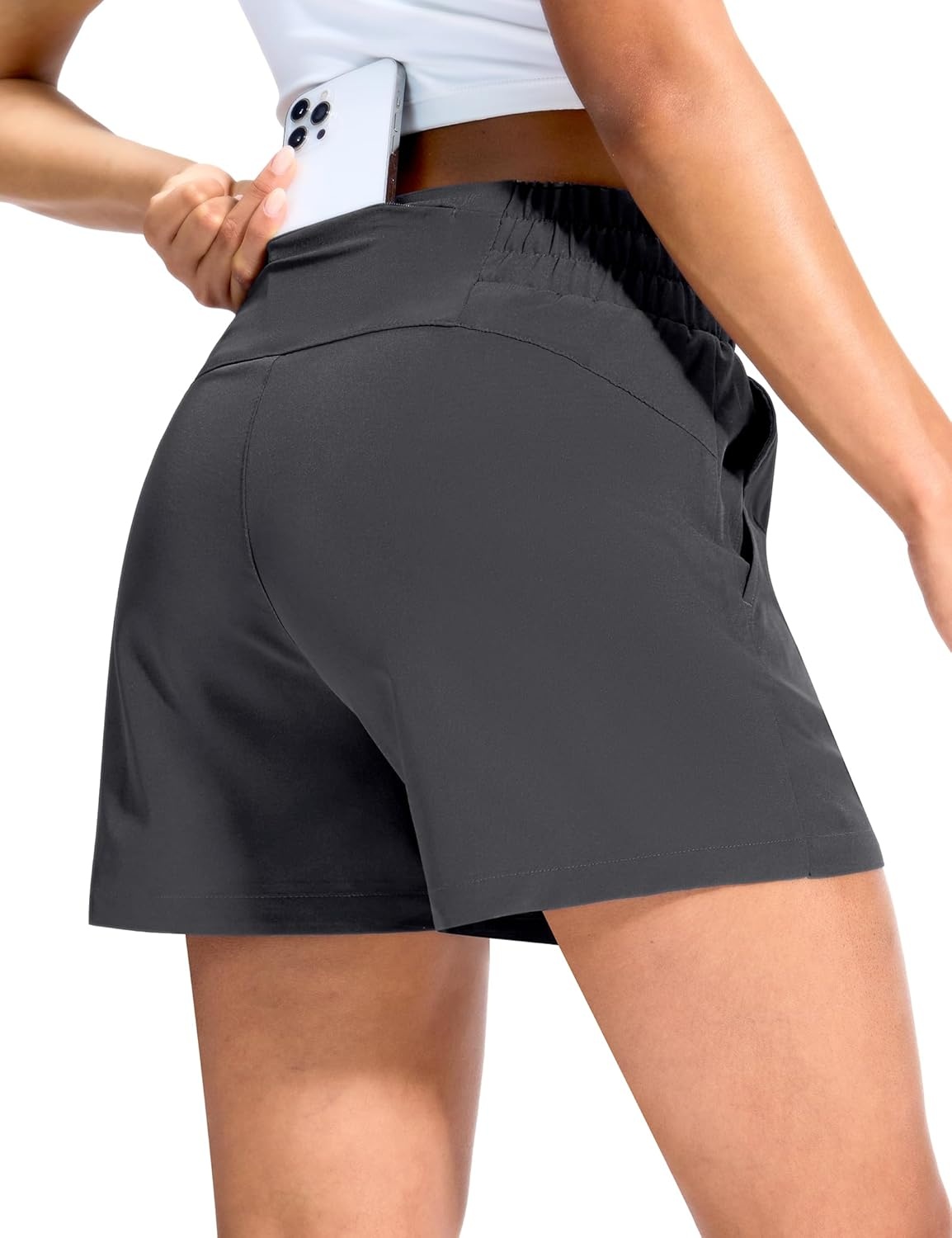 image:imageMIER Running Shorts for Women Quick Dry Mid Waisted Athletic Workout Gym Shorts with Mesh Liner 4 Inch Inseam 3 PocketsDark Grey