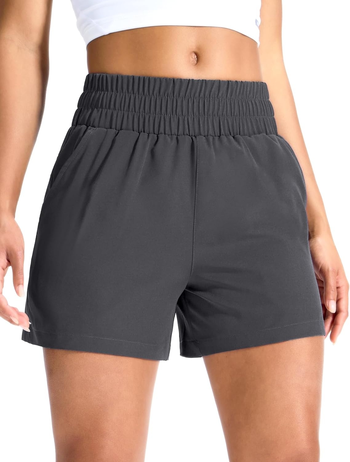 image:imageMIER Running Shorts for Women Quick Dry Mid Waisted Athletic Workout Gym Shorts with Mesh Liner 4 Inch Inseam 3 PocketsDark Grey