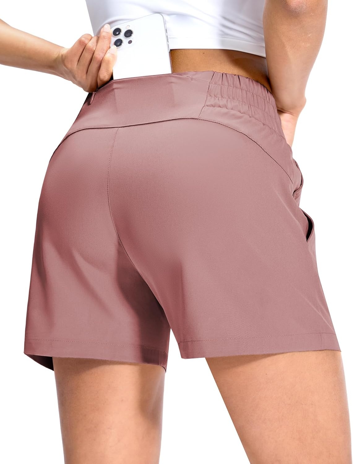 image:imageMIER Running Shorts for Women Quick Dry Mid Waisted Athletic Workout Gym Shorts with Mesh Liner 4 Inch Inseam 3 PocketsDusty Pink