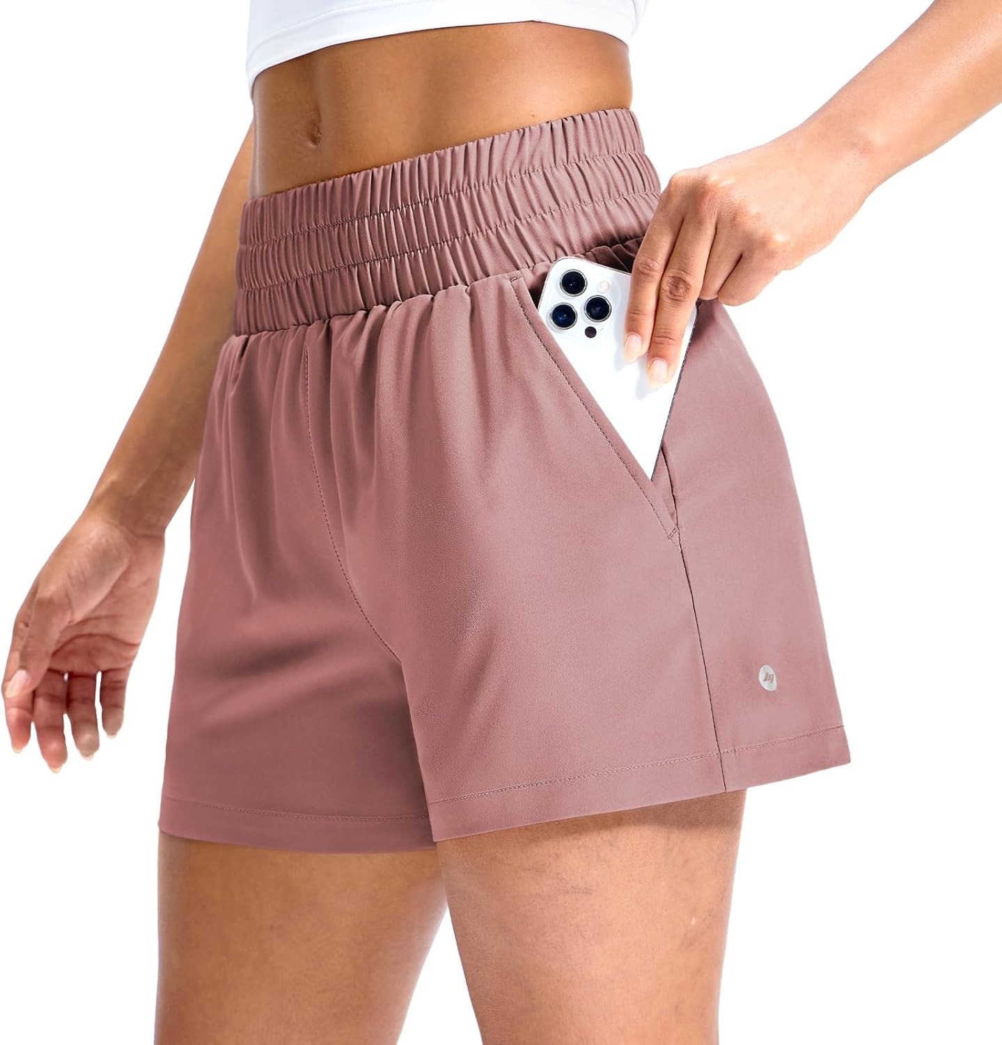 image:imageMIER Running Shorts for Women Quick Dry Mid Waisted Athletic Workout Gym Shorts with Mesh Liner 4 Inch Inseam 3 PocketsDusty Pink