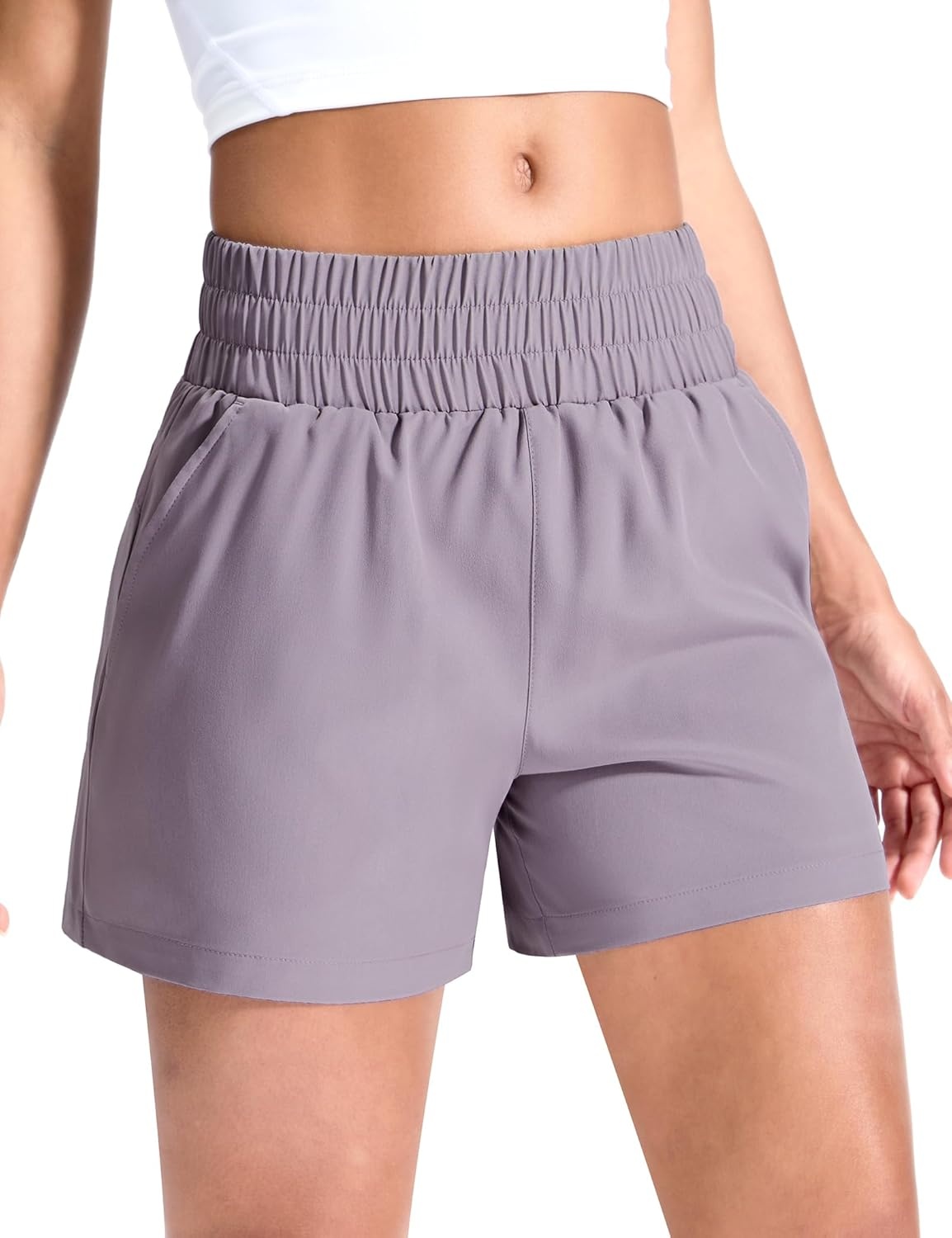 image:imageMIER Running Shorts for Women Quick Dry Mid Waisted Athletic Workout Gym Shorts with Mesh Liner 4 Inch Inseam 3 PocketsLavender Mist