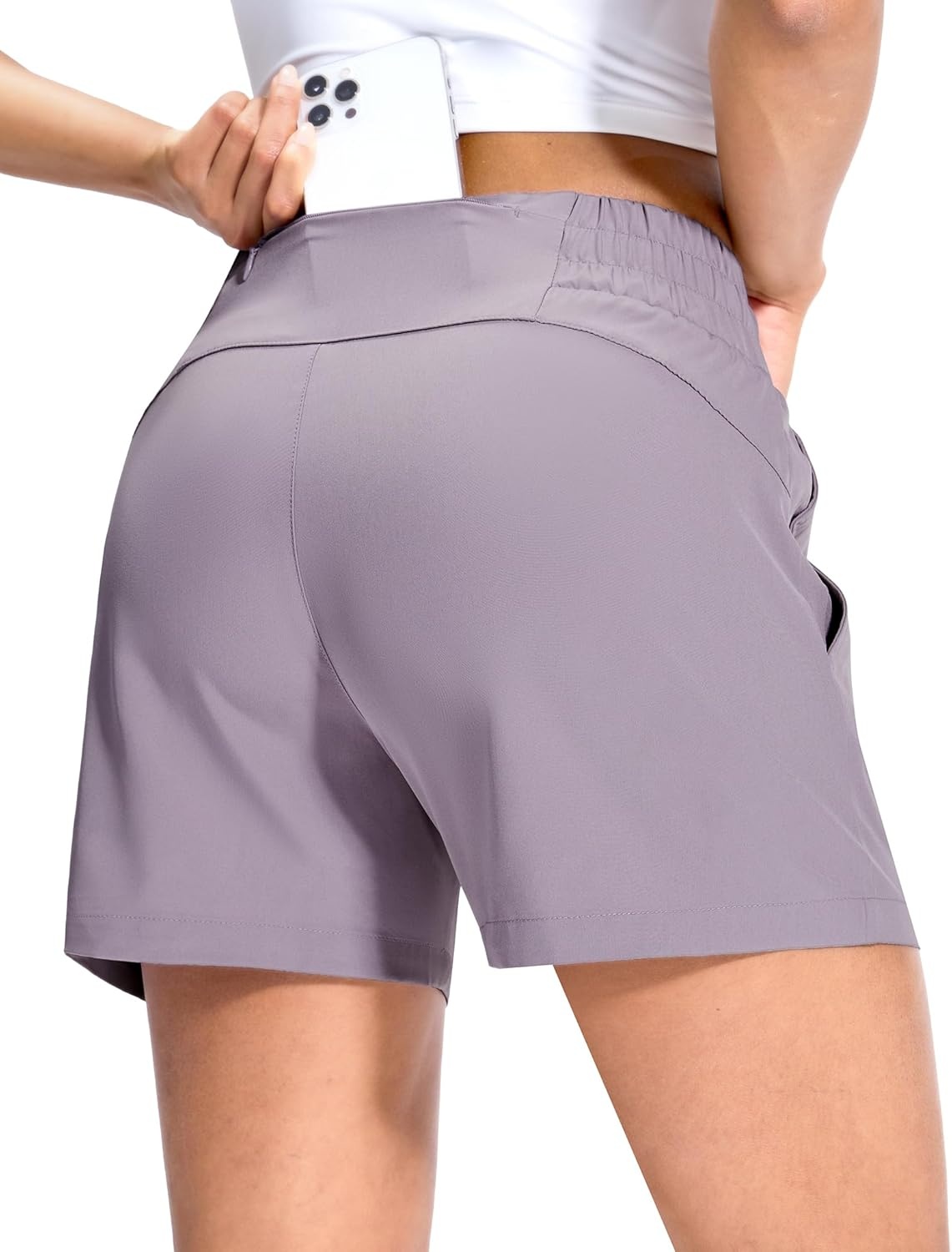 image:imageMIER Running Shorts for Women Quick Dry Mid Waisted Athletic Workout Gym Shorts with Mesh Liner 4 Inch Inseam 3 PocketsLavender Mist