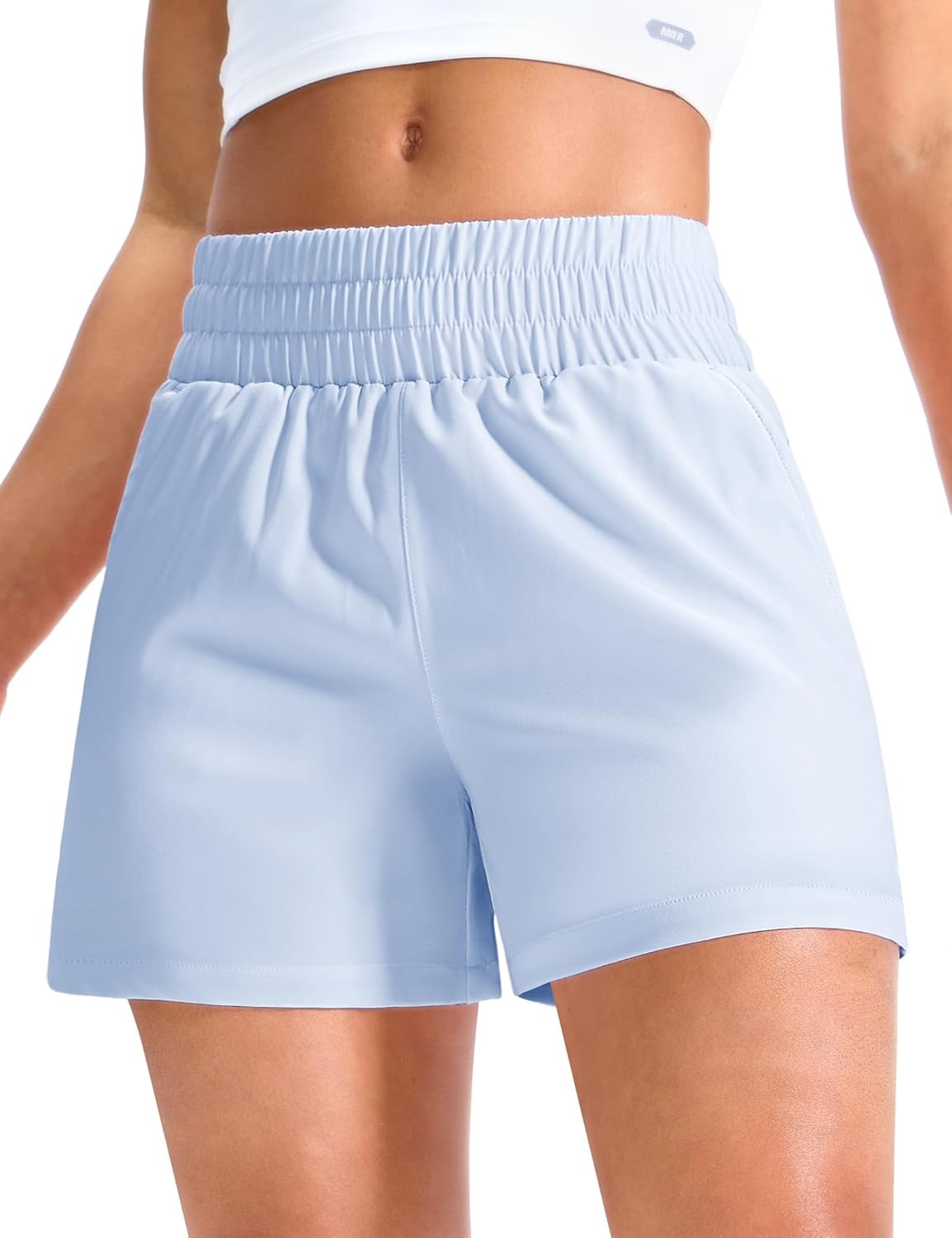 image:imageMIER Running Shorts for Women Quick Dry Mid Waisted Athletic Workout Gym Shorts with Mesh Liner 4 Inch Inseam 3 PocketsLight Blue