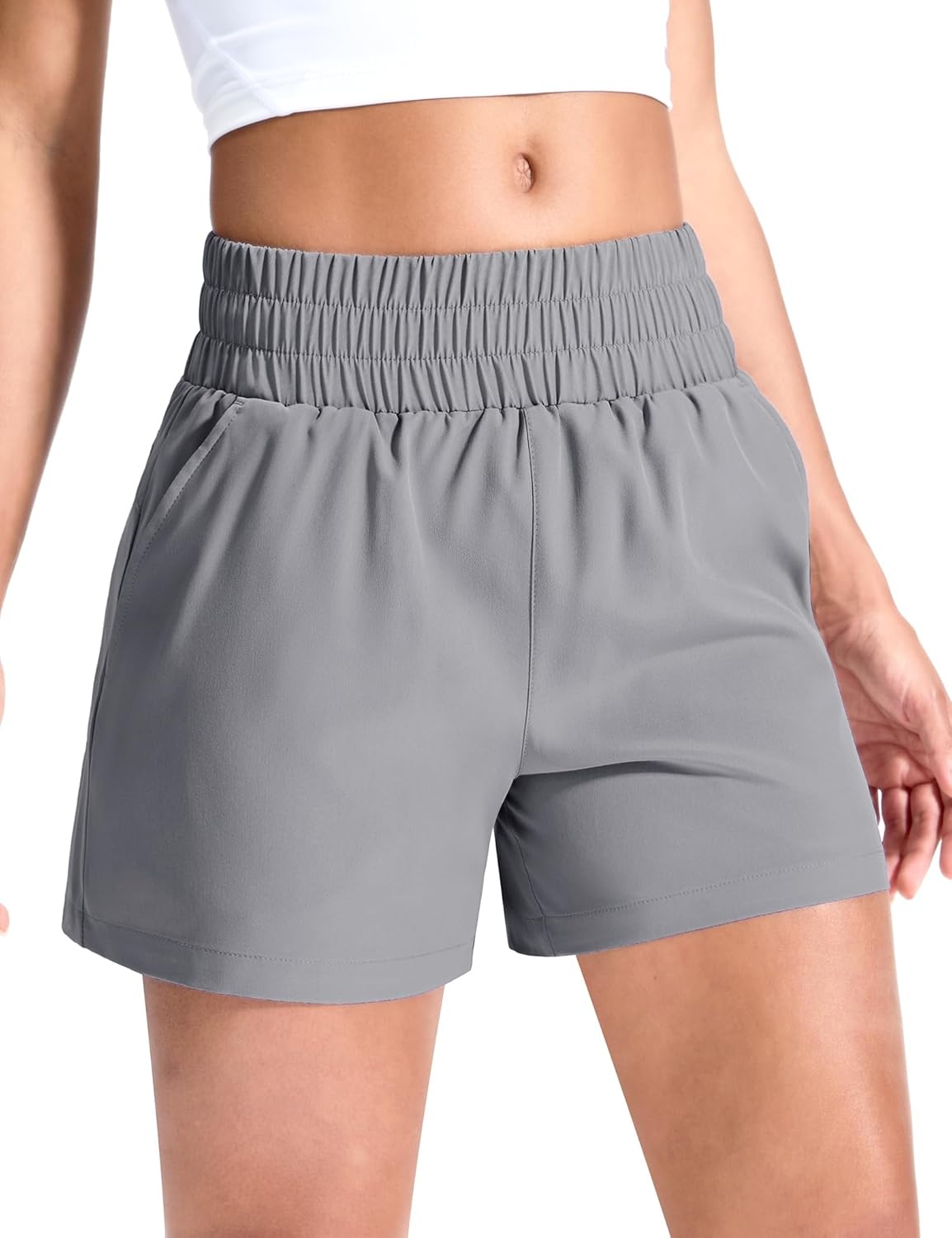 image:imageMIER Running Shorts for Women Quick Dry Mid Waisted Athletic Workout Gym Shorts with Mesh Liner 4 Inch Inseam 3 PocketsLight Grey