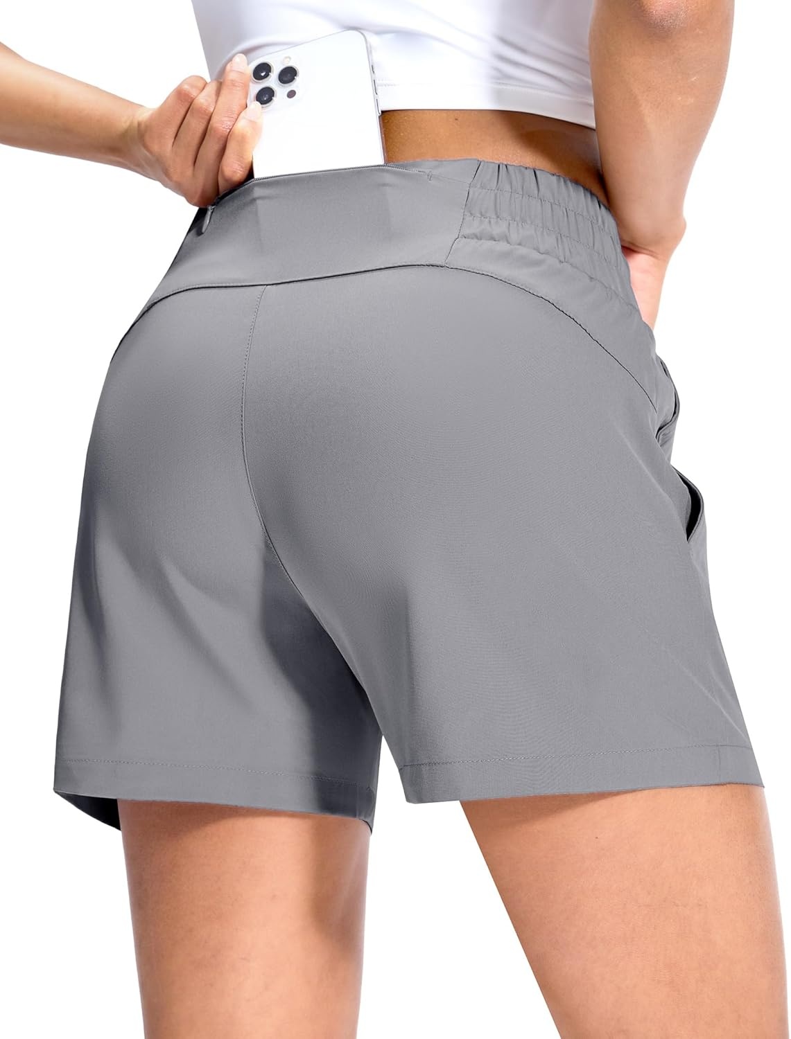 image:imageMIER Running Shorts for Women Quick Dry Mid Waisted Athletic Workout Gym Shorts with Mesh Liner 4 Inch Inseam 3 PocketsLight Grey