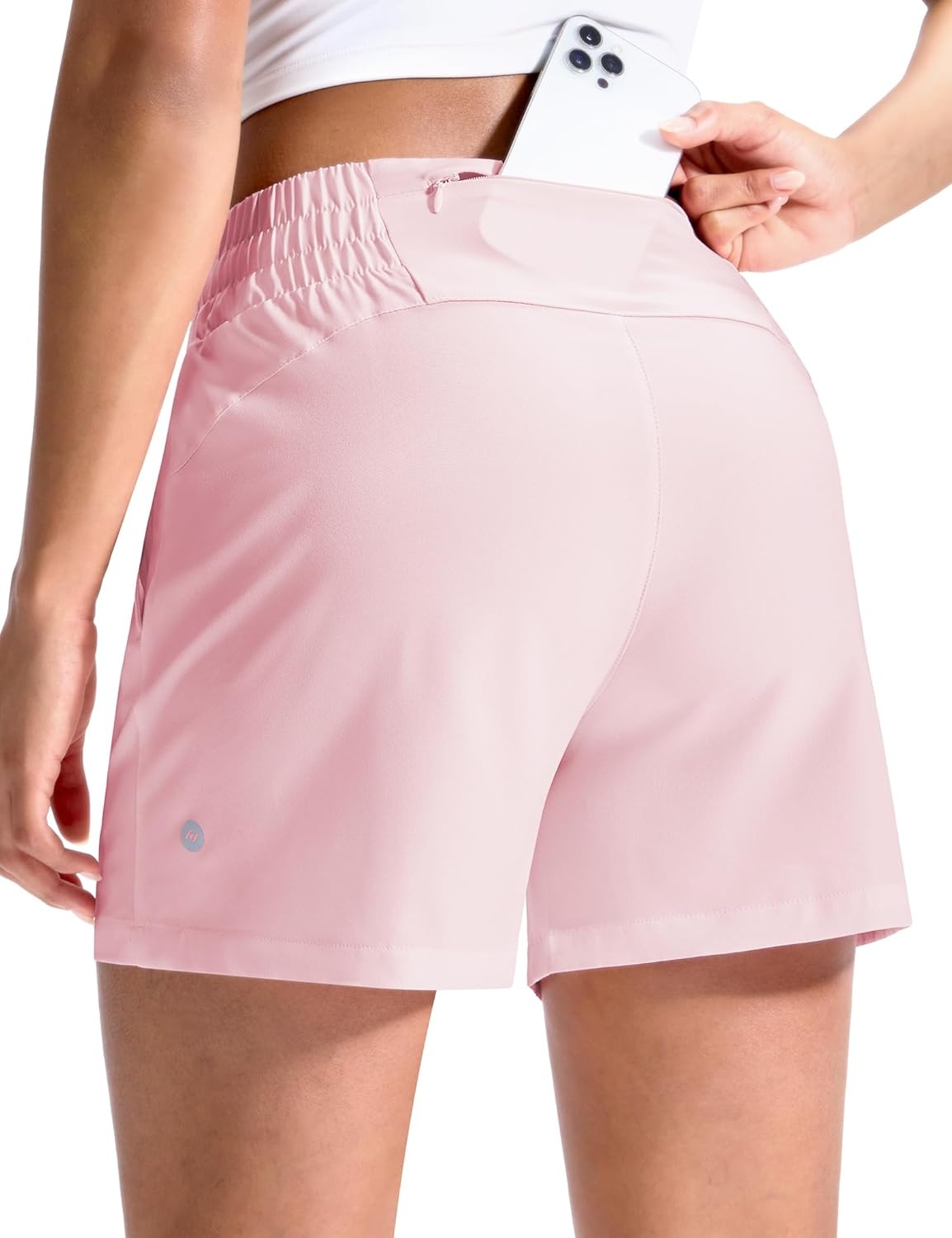 image:imageMIER Running Shorts for Women Quick Dry Mid Waisted Athletic Workout Gym Shorts with Mesh Liner 4 Inch Inseam 3 PocketsLight Pink
