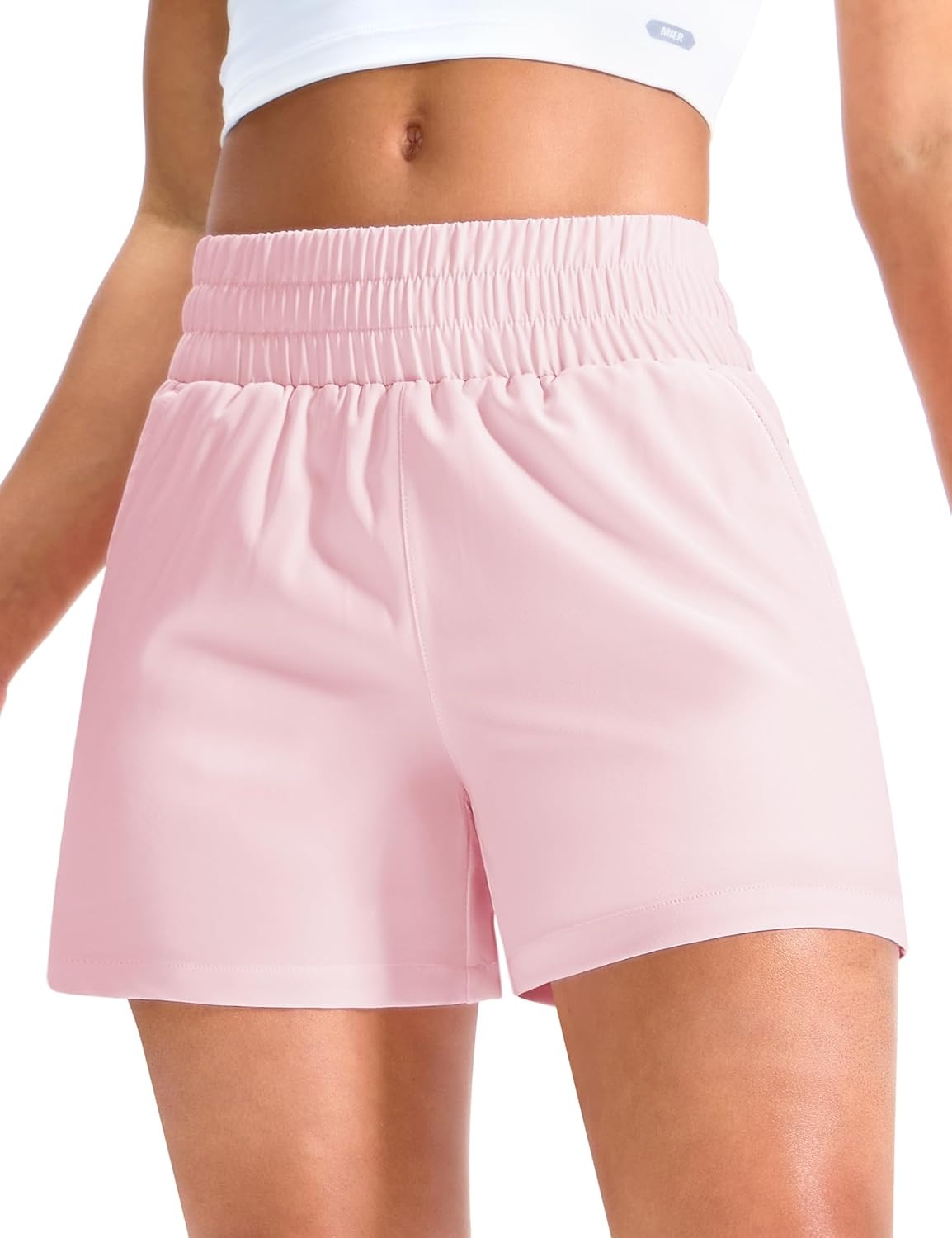 image:imageMIER Running Shorts for Women Quick Dry Mid Waisted Athletic Workout Gym Shorts with Mesh Liner 4 Inch Inseam 3 PocketsLight Pink