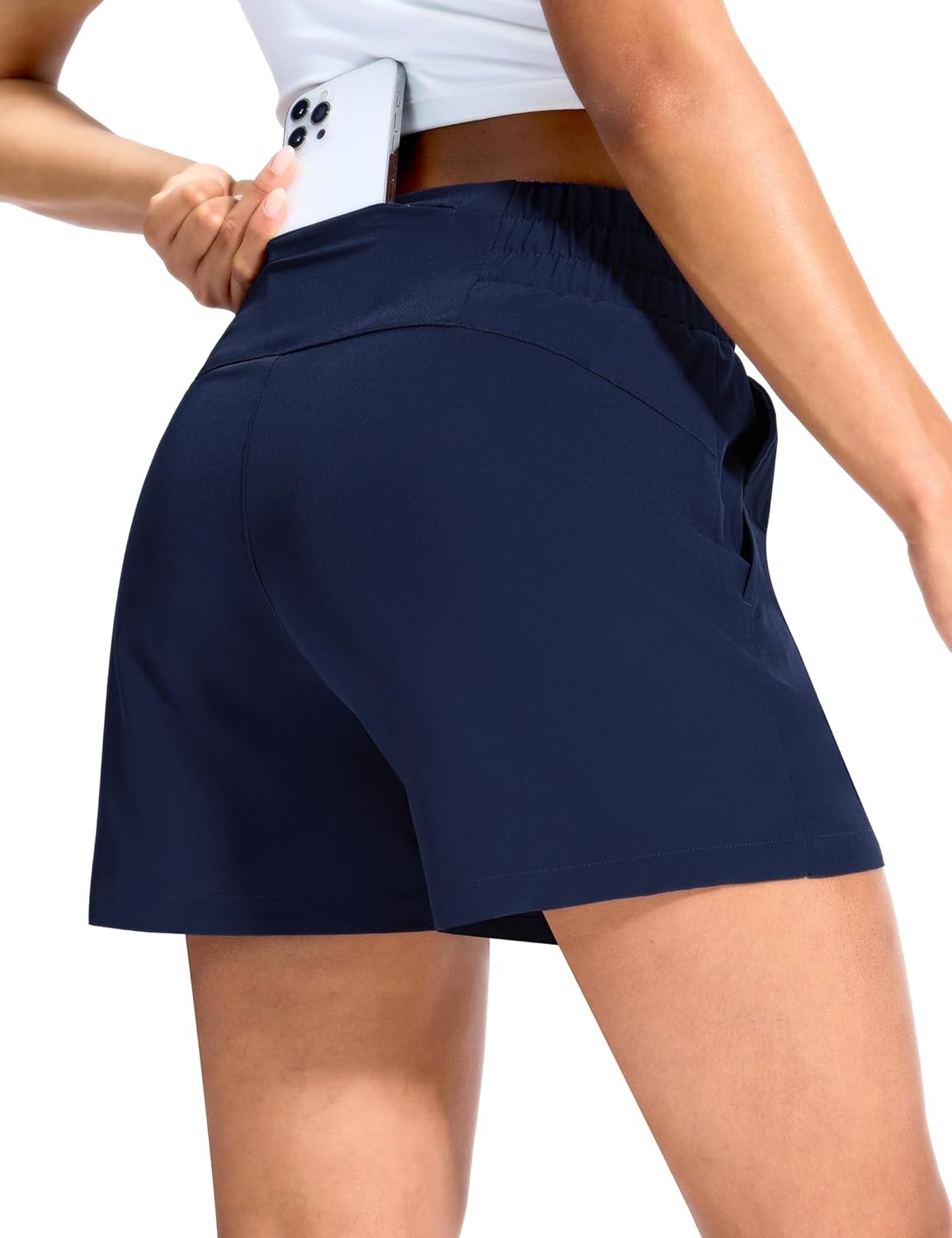 image:imageMIER Running Shorts for Women Quick Dry Mid Waisted Athletic Workout Gym Shorts with Mesh Liner 4 Inch Inseam 3 PocketsNavy