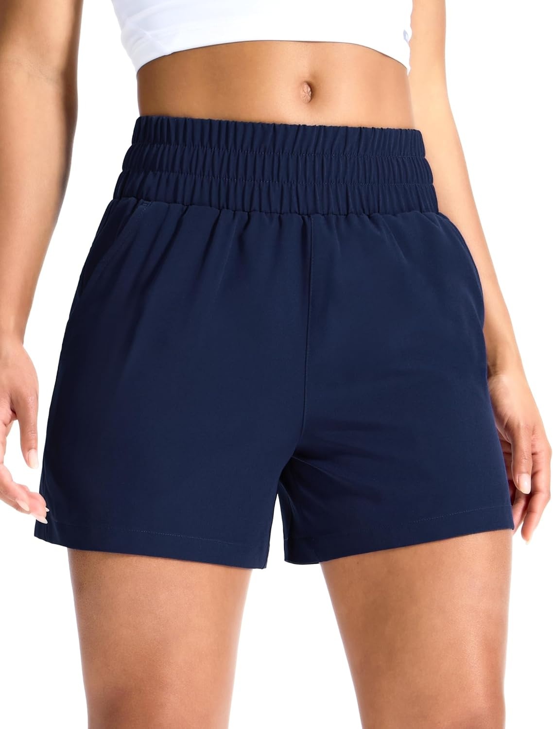 image:imageMIER Running Shorts for Women Quick Dry Mid Waisted Athletic Workout Gym Shorts with Mesh Liner 4 Inch Inseam 3 PocketsNavy