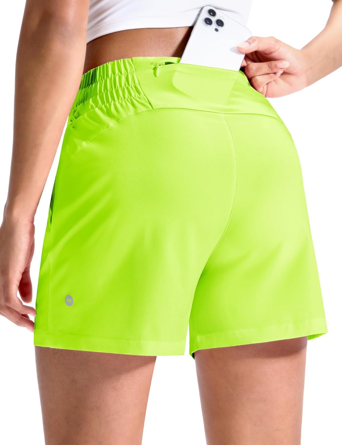 image:imageMIER Running Shorts for Women Quick Dry Mid Waisted Athletic Workout Gym Shorts with Mesh Liner 4 Inch Inseam 3 PocketsNeon Green