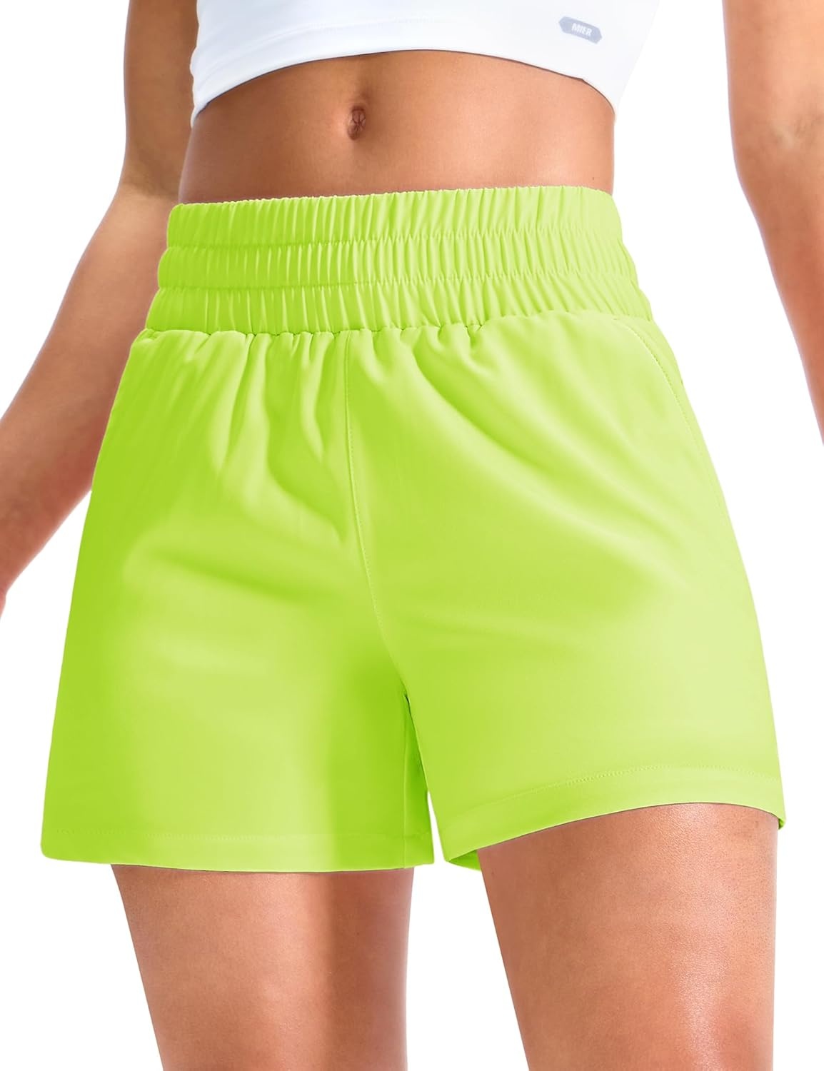 image:imageMIER Running Shorts for Women Quick Dry Mid Waisted Athletic Workout Gym Shorts with Mesh Liner 4 Inch Inseam 3 PocketsNeon Green