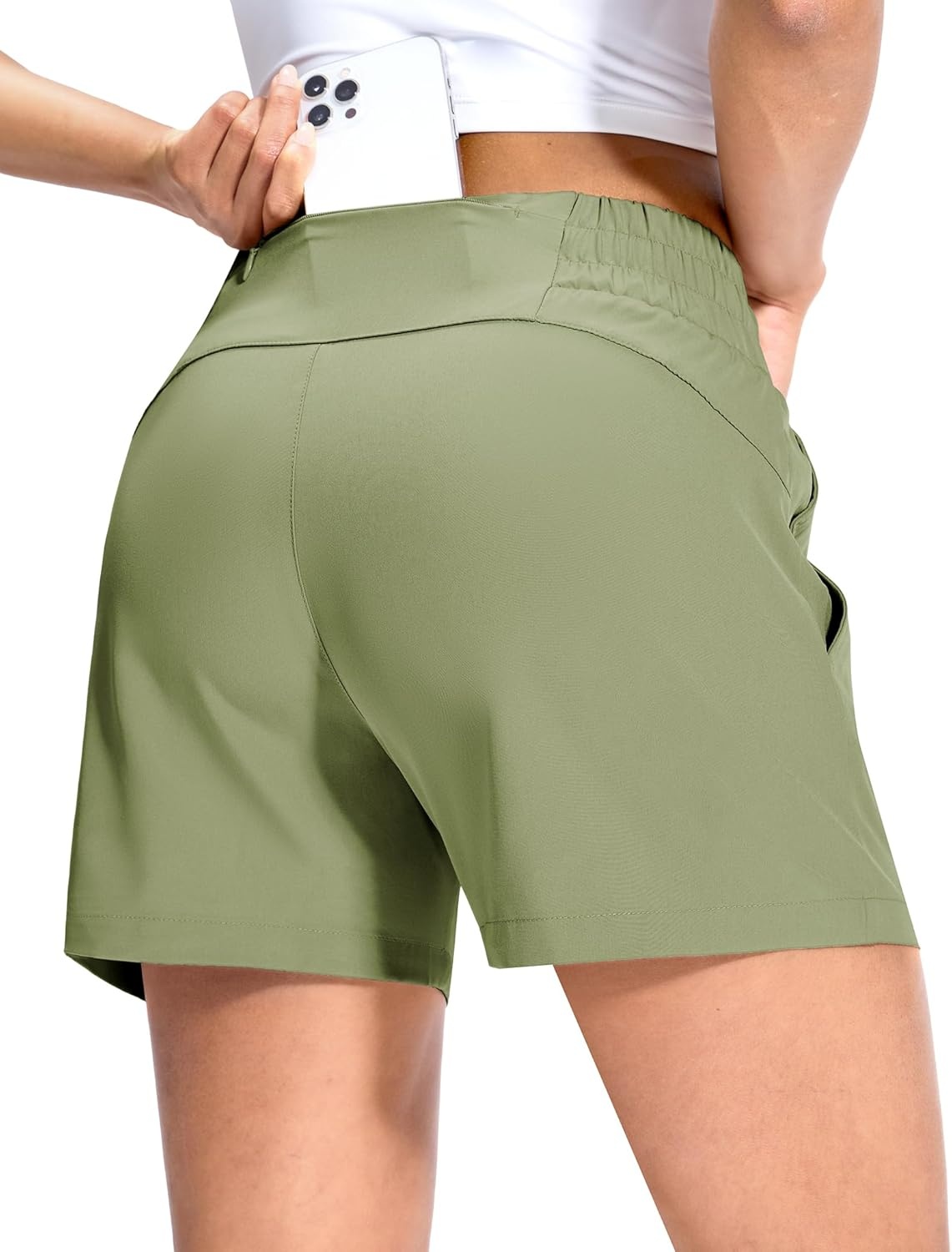 image:imageMIER Running Shorts for Women Quick Dry Mid Waisted Athletic Workout Gym Shorts with Mesh Liner 4 Inch Inseam 3 PocketsSage Green