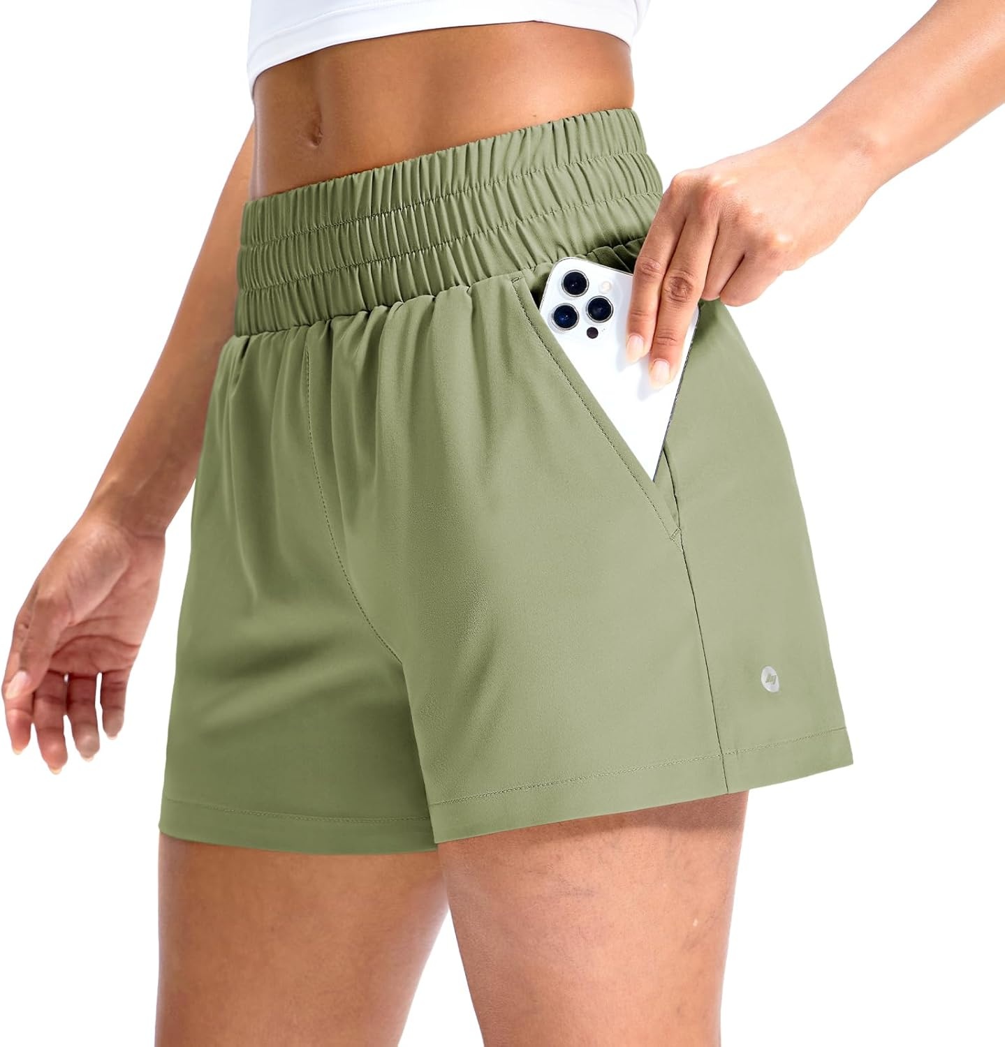 image:imageMIER Running Shorts for Women Quick Dry Mid Waisted Athletic Workout Gym Shorts with Mesh Liner 4 Inch Inseam 3 PocketsSage Green