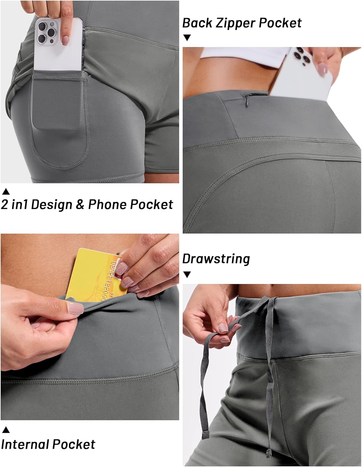 image:imageMIER Womens 2 in 1 Running Shorts Athletic High Waisted Workout Tennis Gym Shorts with Liner Zipper Pocket 3Light Grey