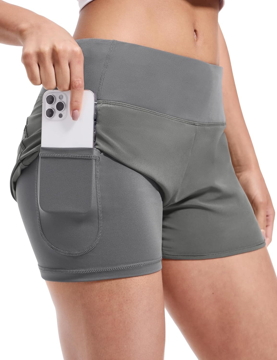 image:imageMIER Womens 2 in 1 Running Shorts Athletic High Waisted Workout Tennis Gym Shorts with Liner Zipper Pocket 3Light Grey