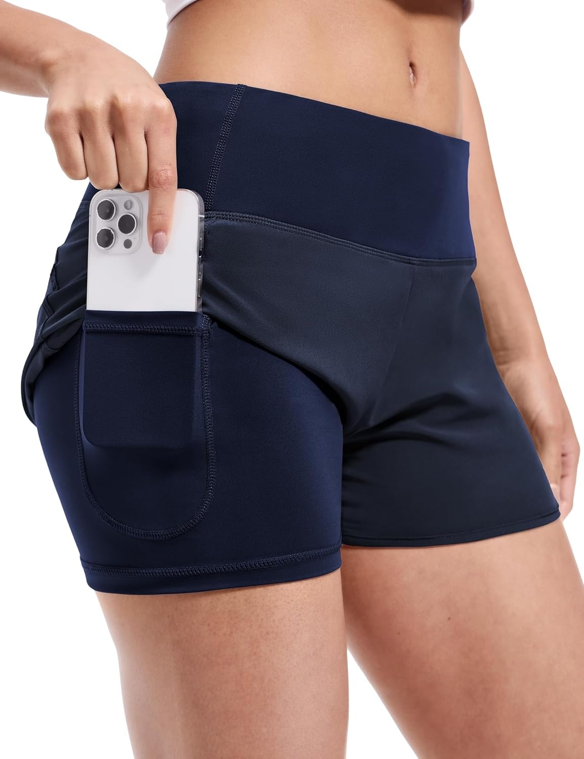 image:imageMIER Womens 2 in 1 Running Shorts Athletic High Waisted Workout Tennis Gym Shorts with Liner Zipper Pocket 3Navy Blue