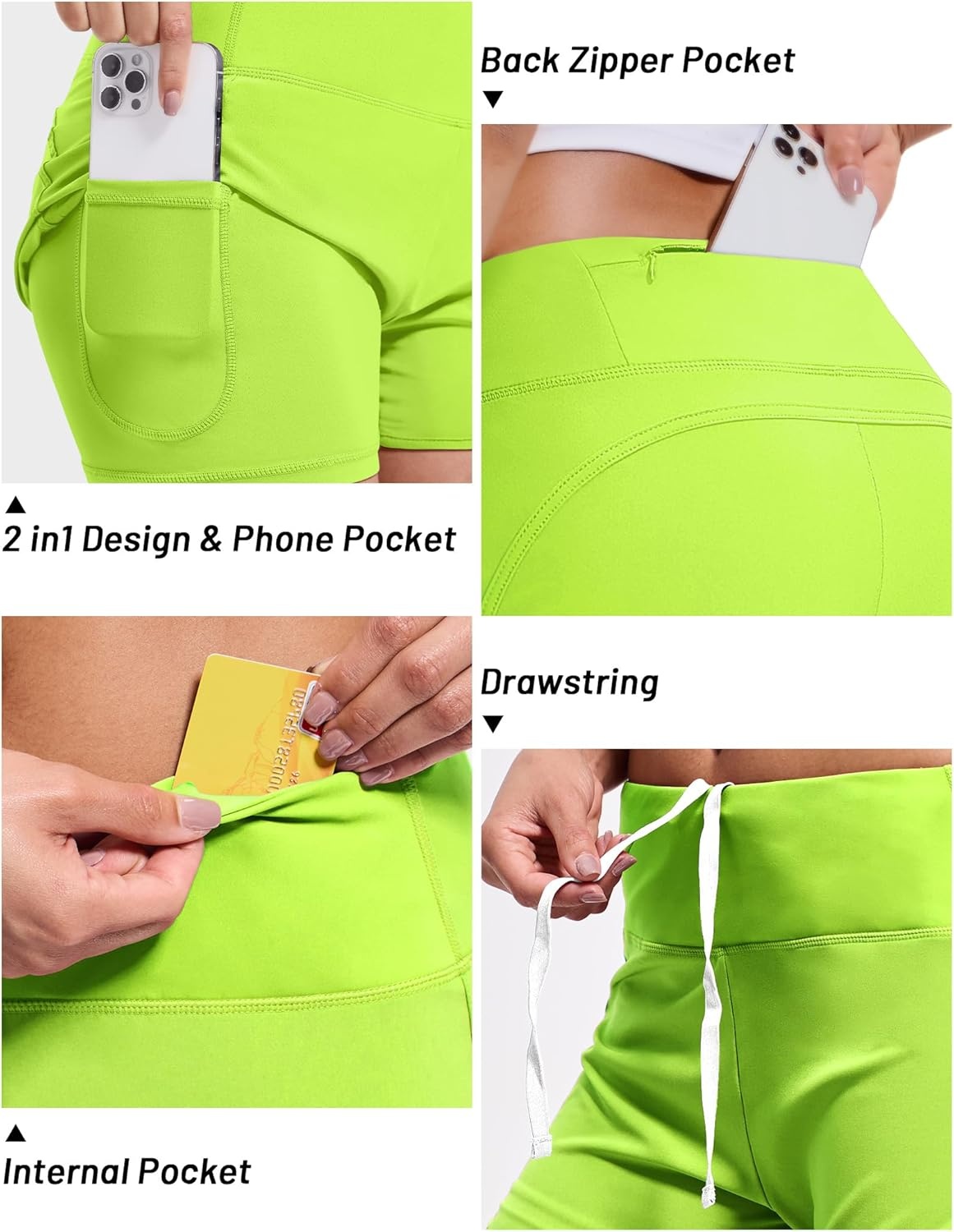 image:imageMIER Womens 2 in 1 Running Shorts Athletic High Waisted Workout Tennis Gym Shorts with Liner Zipper Pocket 3Neon Green