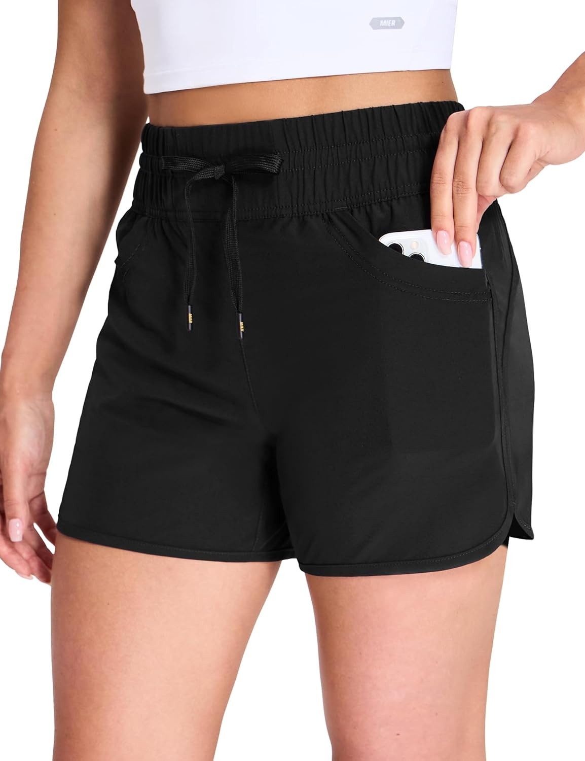 image:imageMIER Womens Running Shorts Quick Dry Athletic Workout High Waisted Active Shorts with Liner Zipper Pocket 4 InchBlack