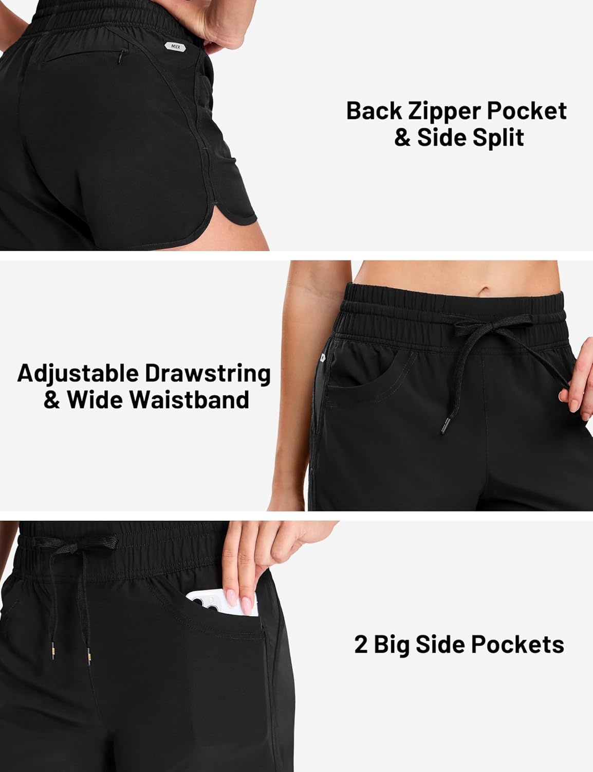 image:imageMIER Womens Running Shorts Quick Dry Athletic Workout High Waisted Active Shorts with Liner Zipper Pocket 4 InchBlack