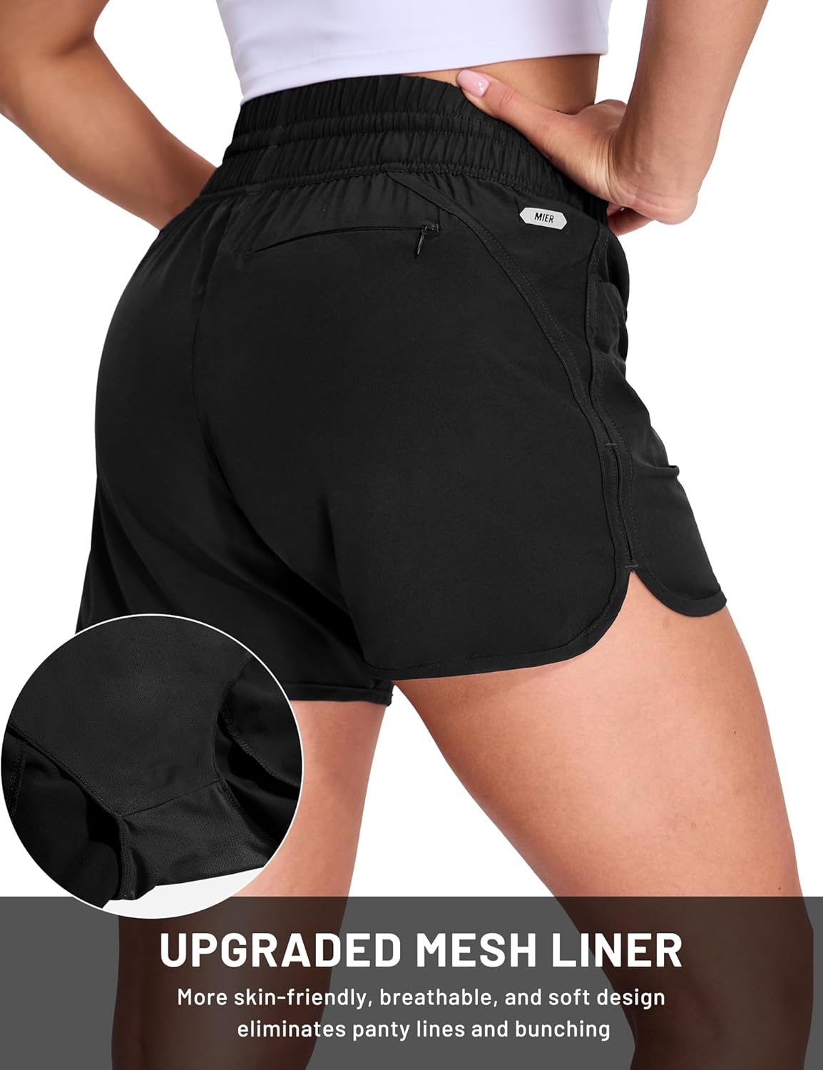 image:imageMIER Womens Running Shorts Quick Dry Athletic Workout High Waisted Active Shorts with Liner Zipper Pocket 4 InchBlack