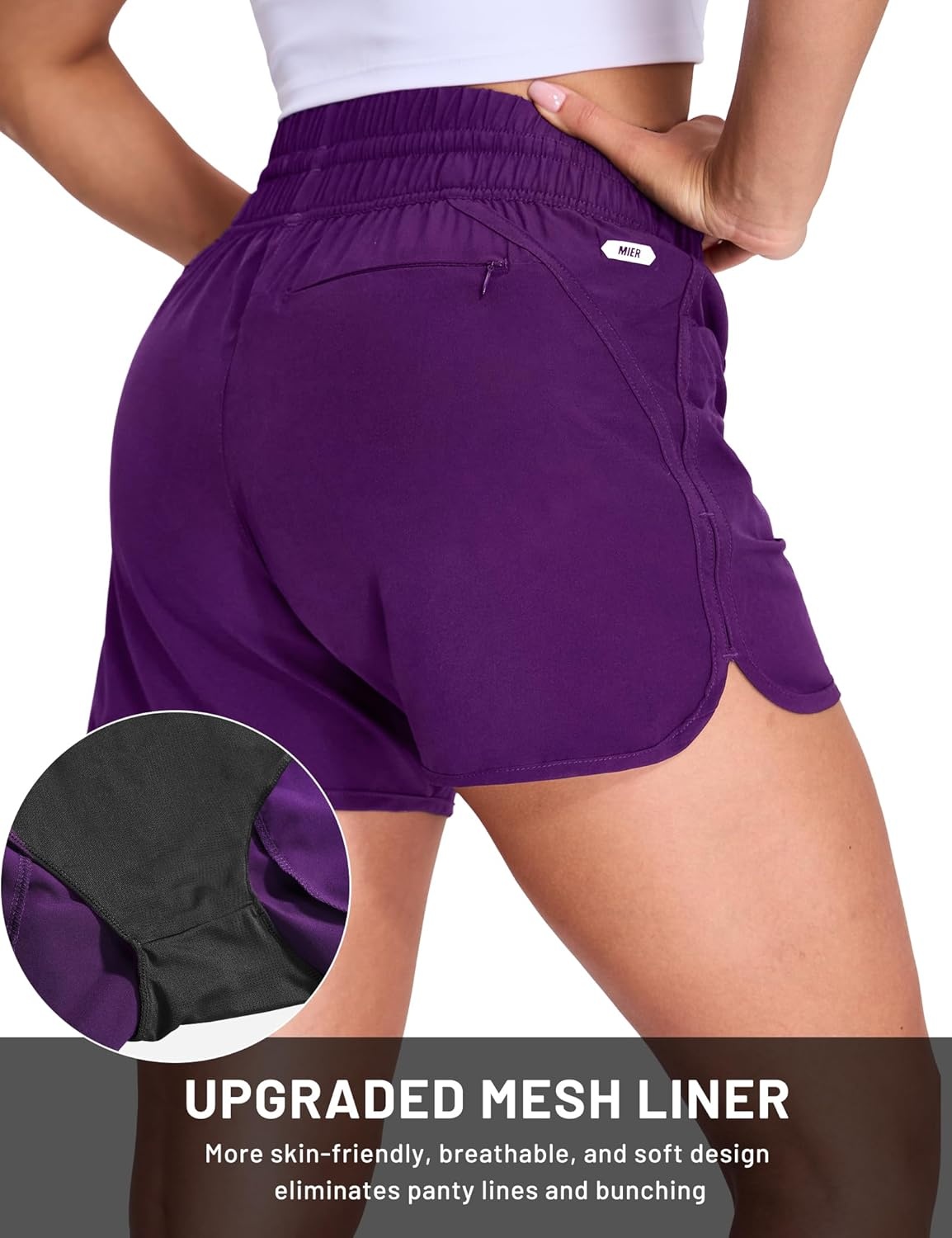 image:imageMIER Womens Running Shorts Quick Dry Athletic Workout High Waisted Active Shorts with Liner Zipper Pocket 4 InchDark Purple