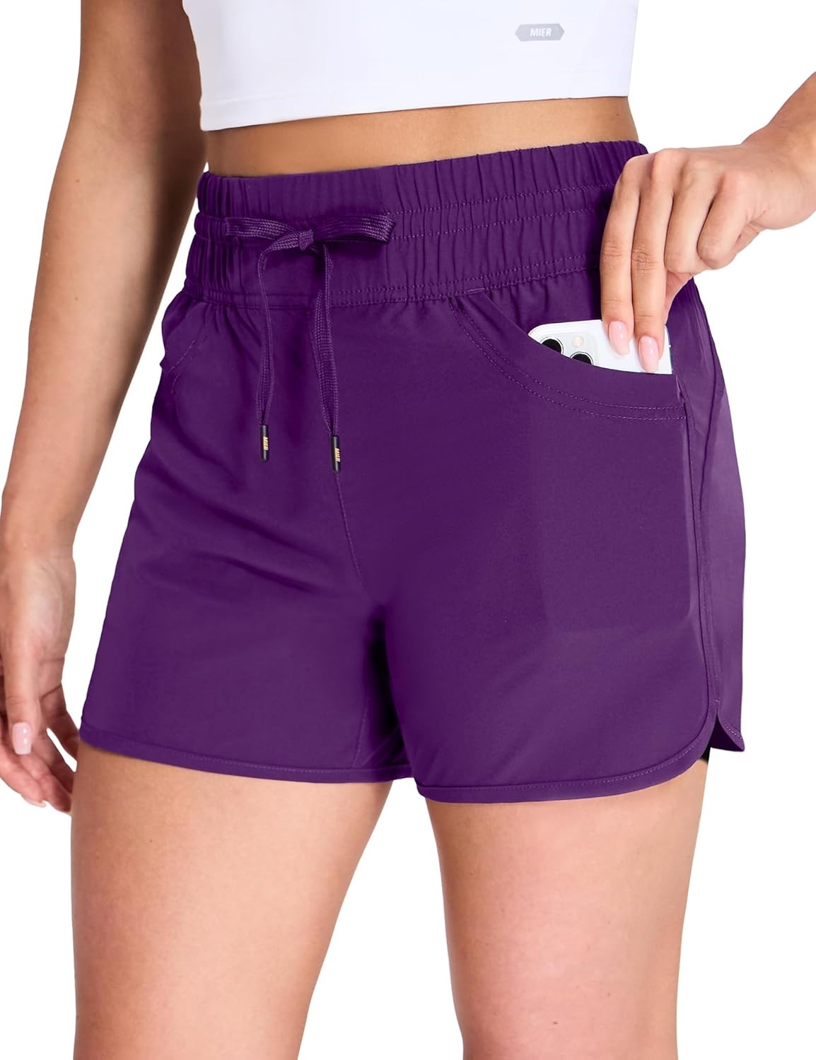 image:imageMIER Womens Running Shorts Quick Dry Athletic Workout High Waisted Active Shorts with Liner Zipper Pocket 4 InchDark Purple