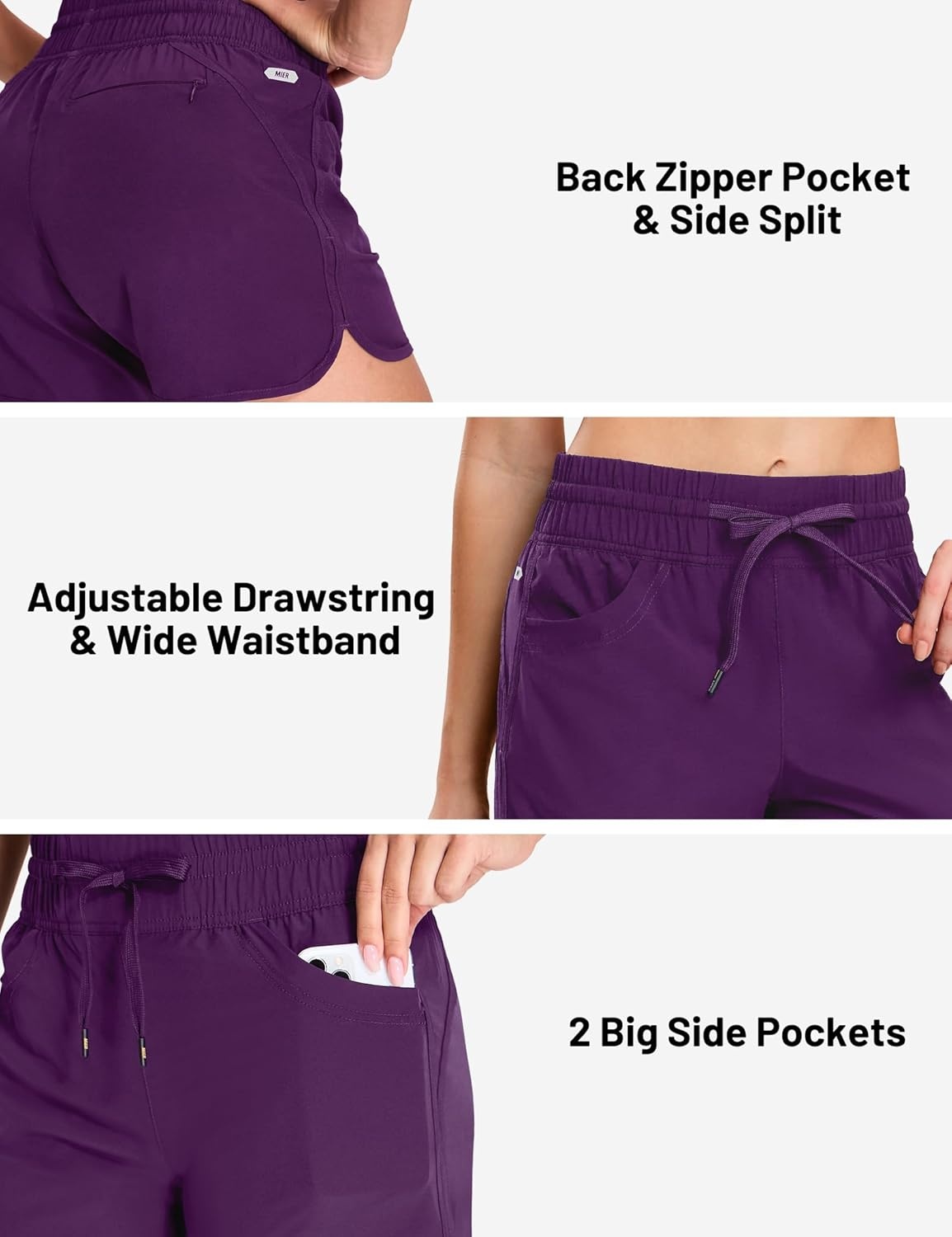 image:imageMIER Womens Running Shorts Quick Dry Athletic Workout High Waisted Active Shorts with Liner Zipper Pocket 4 InchDark Purple