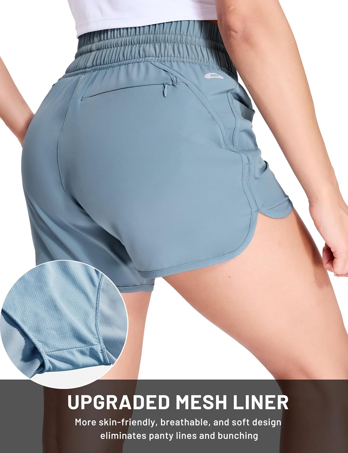 image:imageMIER Womens Running Shorts Quick Dry Athletic Workout High Waisted Active Shorts with Liner Zipper Pocket 4 InchDusty Blue