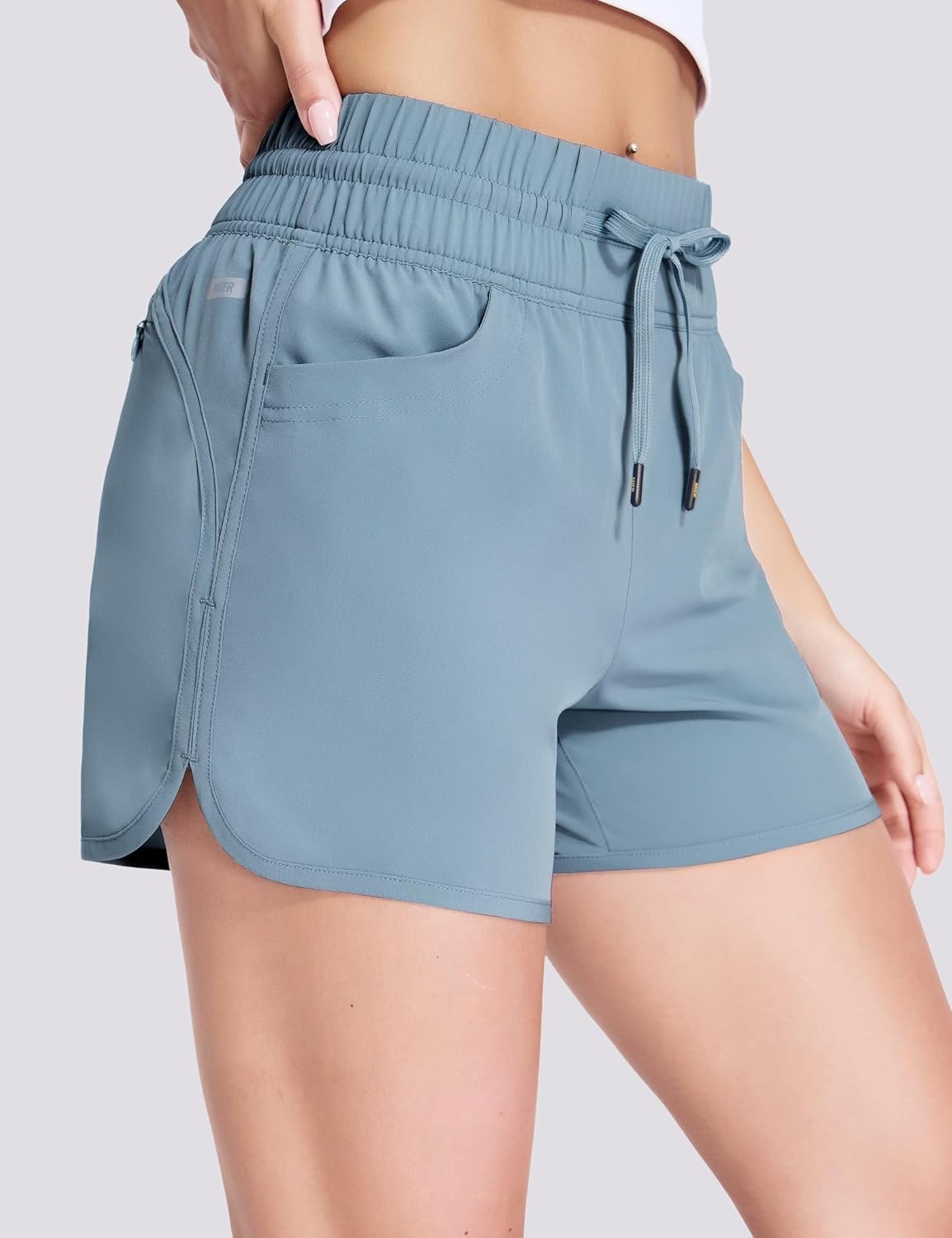 image:imageMIER Womens Running Shorts Quick Dry Athletic Workout High Waisted Active Shorts with Liner Zipper Pocket 4 InchDusty Blue