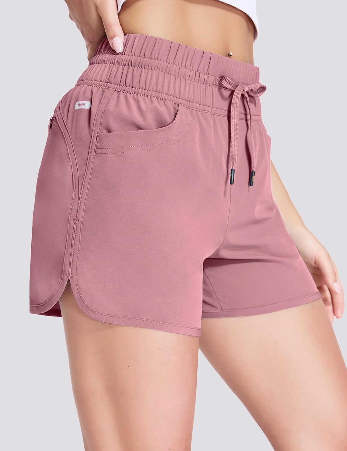 image:imageMIER Womens Running Shorts Quick Dry Athletic Workout High Waisted Active Shorts with Liner Zipper Pocket 4 InchDusty Pink