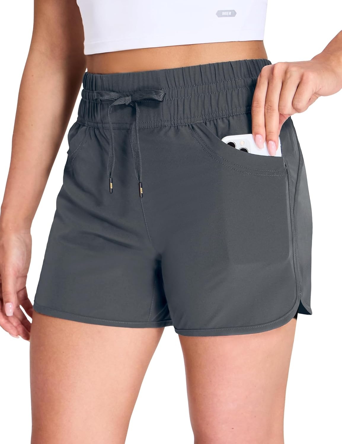 image:imageMIER Womens Running Shorts Quick Dry Athletic Workout High Waisted Active Shorts with Liner Zipper Pocket 4 InchGrey