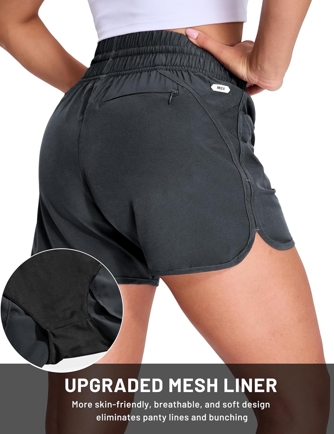image:imageMIER Womens Running Shorts Quick Dry Athletic Workout High Waisted Active Shorts with Liner Zipper Pocket 4 InchGrey