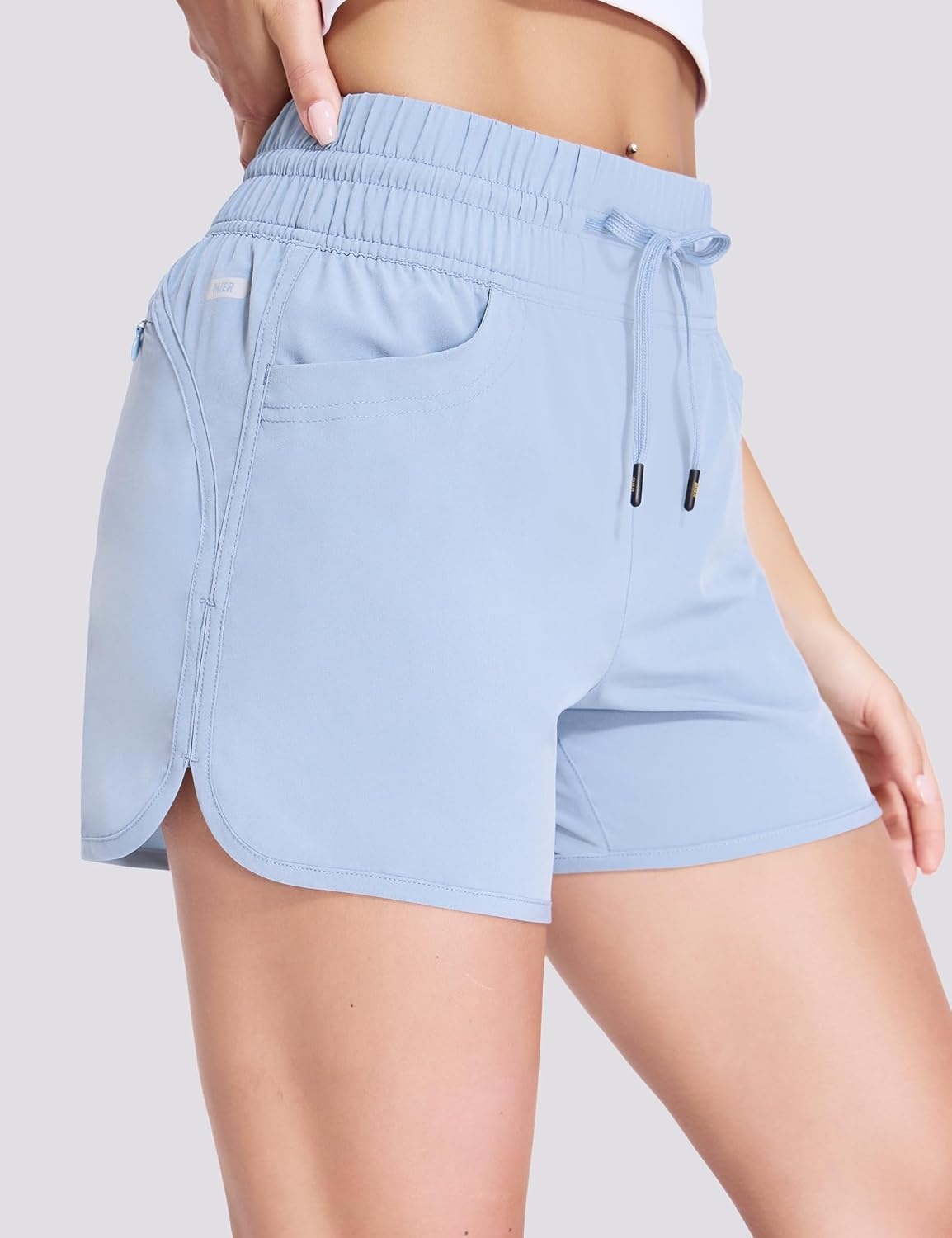 image:imageMIER Womens Running Shorts Quick Dry Athletic Workout High Waisted Active Shorts with Liner Zipper Pocket 4 InchLight Blue