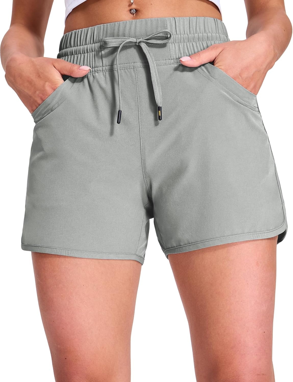image:imageMIER Womens Running Shorts Quick Dry Athletic Workout High Waisted Active Shorts with Liner Zipper Pocket 4 InchLight Grey