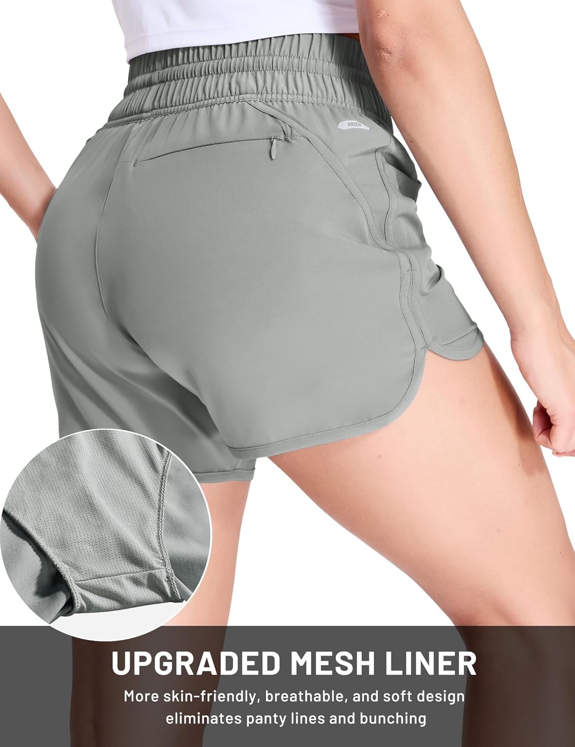 image:imageMIER Womens Running Shorts Quick Dry Athletic Workout High Waisted Active Shorts with Liner Zipper Pocket 4 InchLight Grey