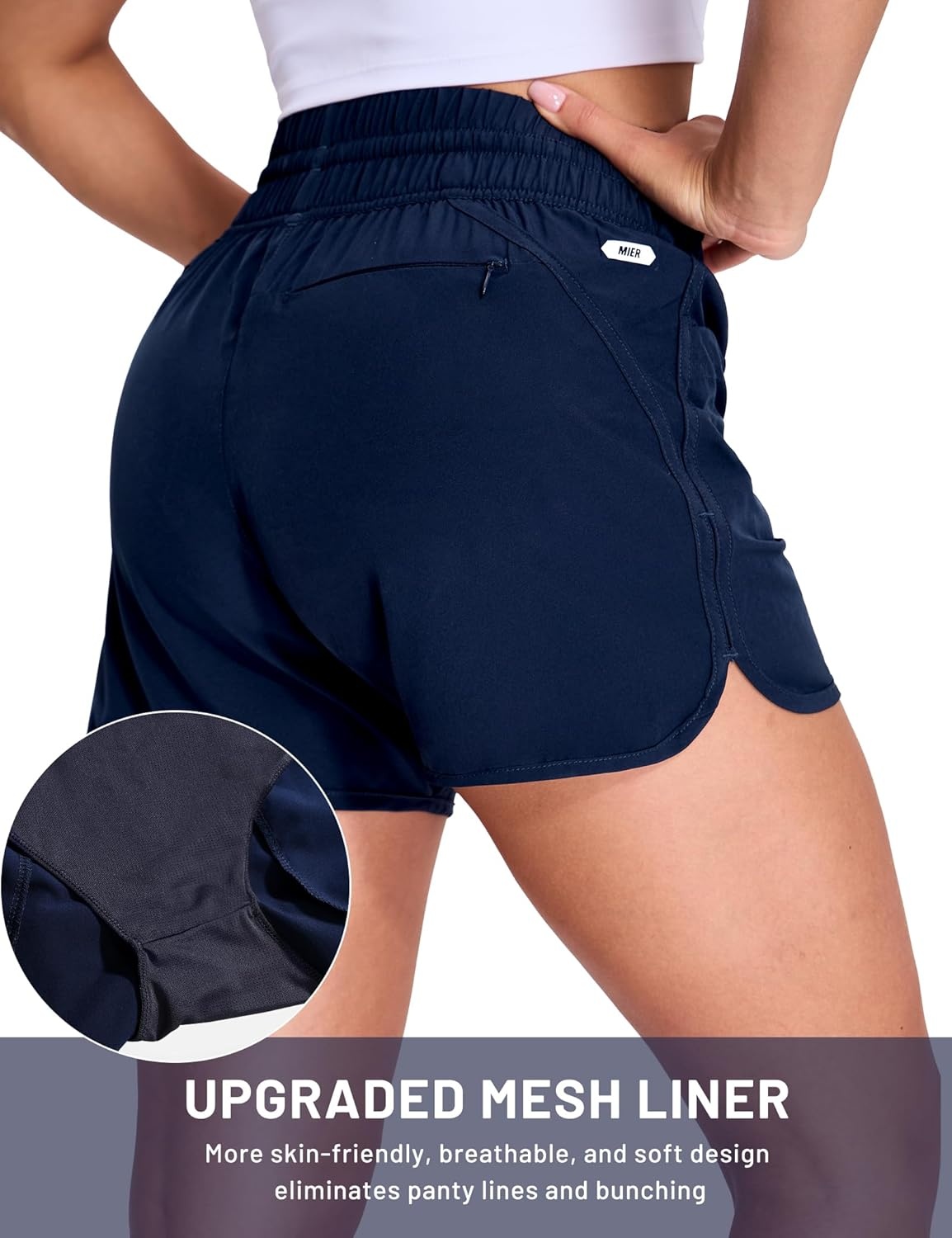 image:imageMIER Womens Running Shorts Quick Dry Athletic Workout High Waisted Active Shorts with Liner Zipper Pocket 4 InchNavy