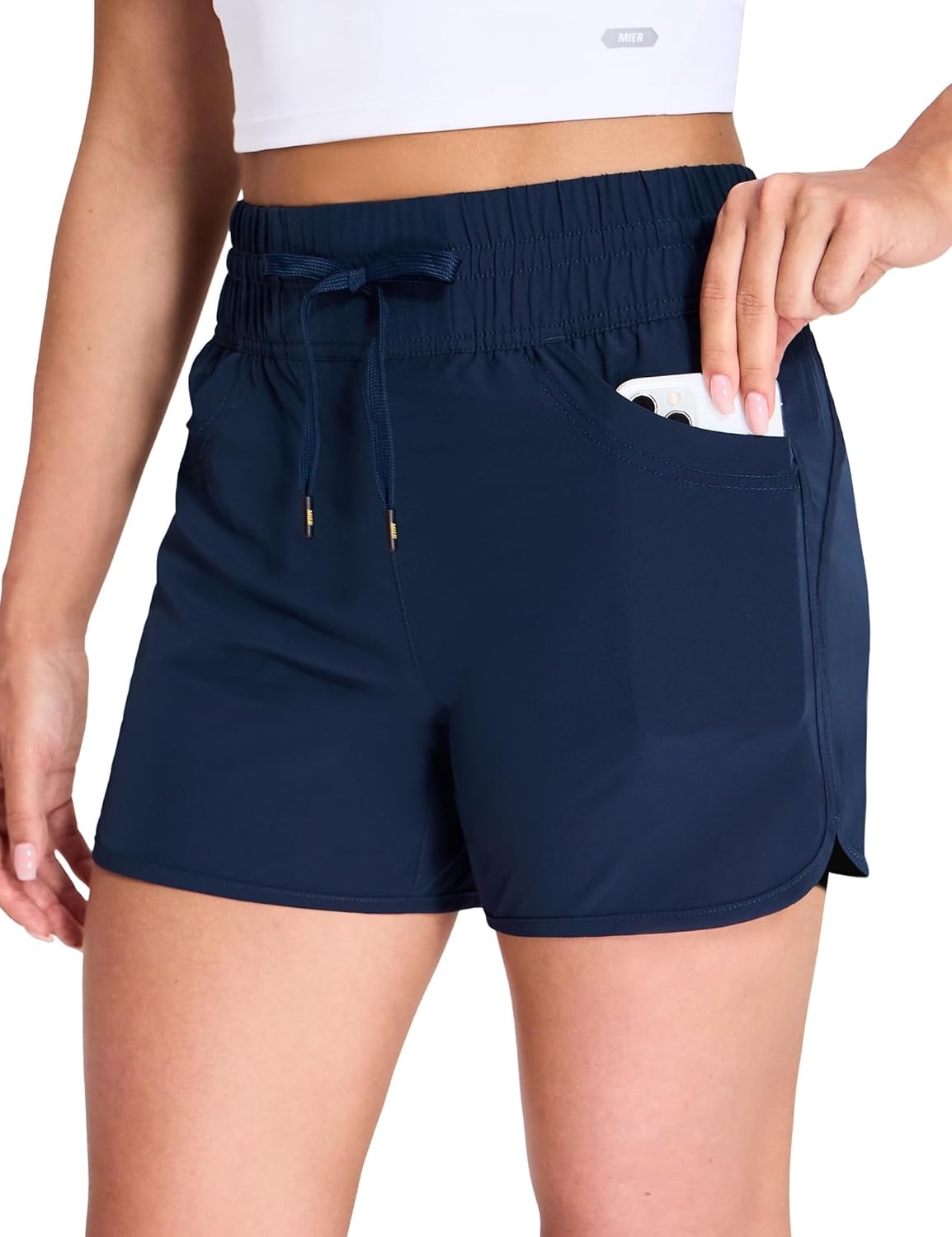 image:imageMIER Womens Running Shorts Quick Dry Athletic Workout High Waisted Active Shorts with Liner Zipper Pocket 4 InchNavy