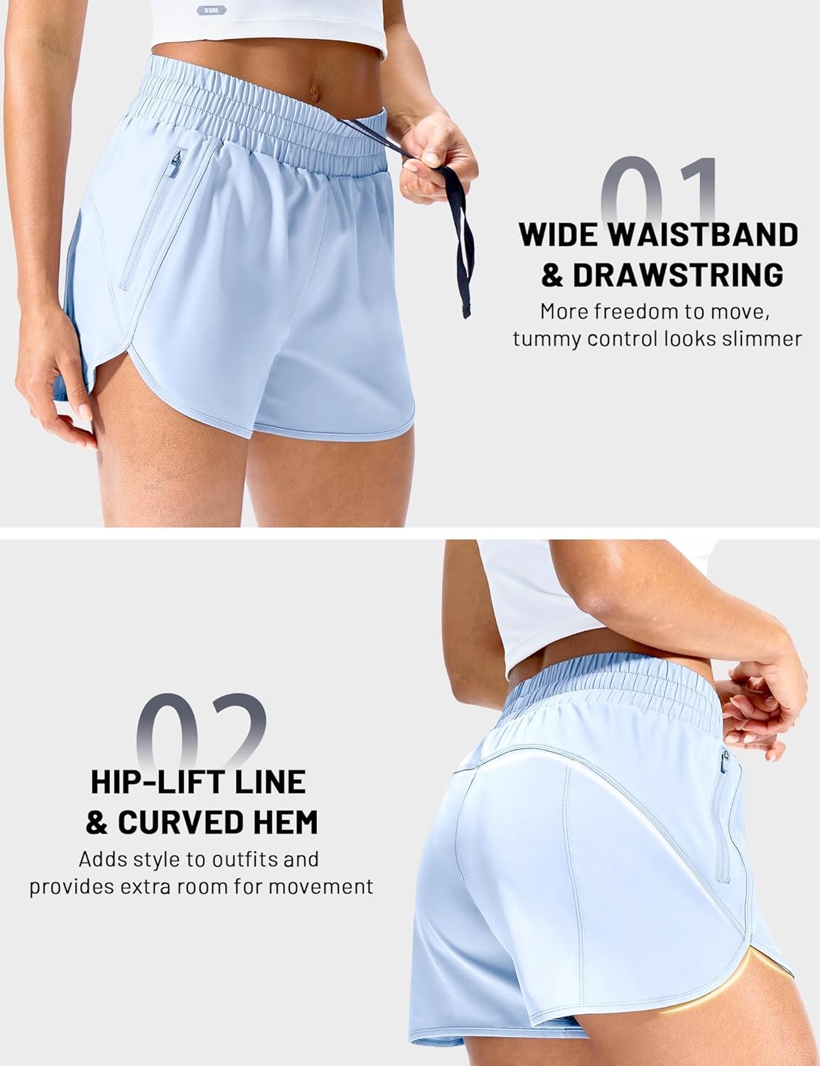 image:imageMIER Womens Running Shorts with Zipper Pockets MidWaisted Quick Dry Athletic Workout Sport Short with Mesh Liner 3Light Blue