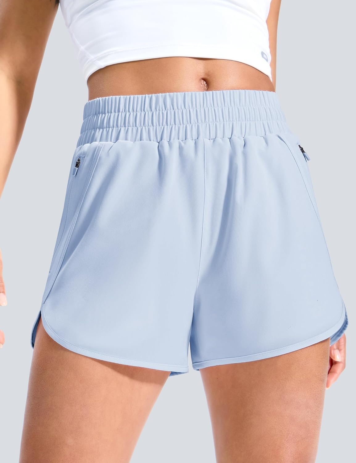 image:imageMIER Womens Running Shorts with Zipper Pockets MidWaisted Quick Dry Athletic Workout Sport Short with Mesh Liner 3Light Blue