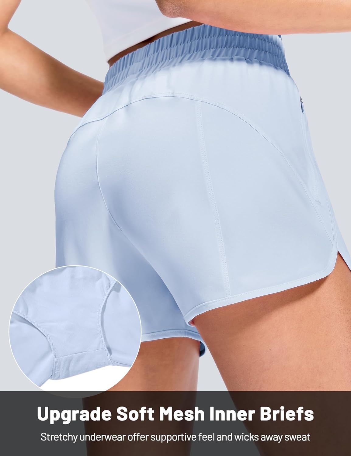 image:imageMIER Womens Running Shorts with Zipper Pockets MidWaisted Quick Dry Athletic Workout Sport Short with Mesh Liner 3Light Blue