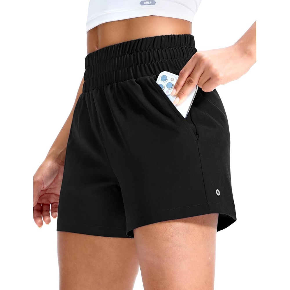 image:imageMIER Running Shorts for Women Quick Dry Mid Waisted Athletic Workout Gym Shorts with Mesh Liner 4 Inch Inseam 3 PocketsBlack