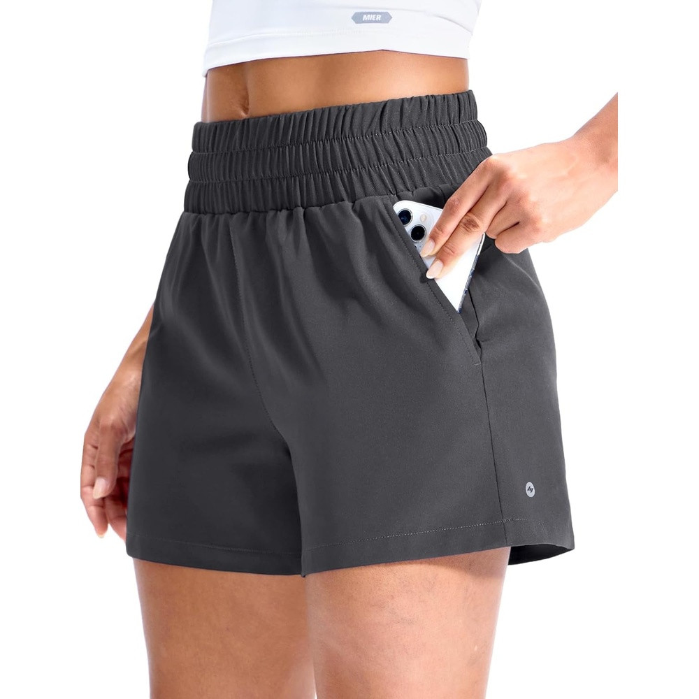 image:imageMIER Running Shorts for Women Quick Dry Mid Waisted Athletic Workout Gym Shorts with Mesh Liner 4 Inch Inseam 3 PocketsDark Grey