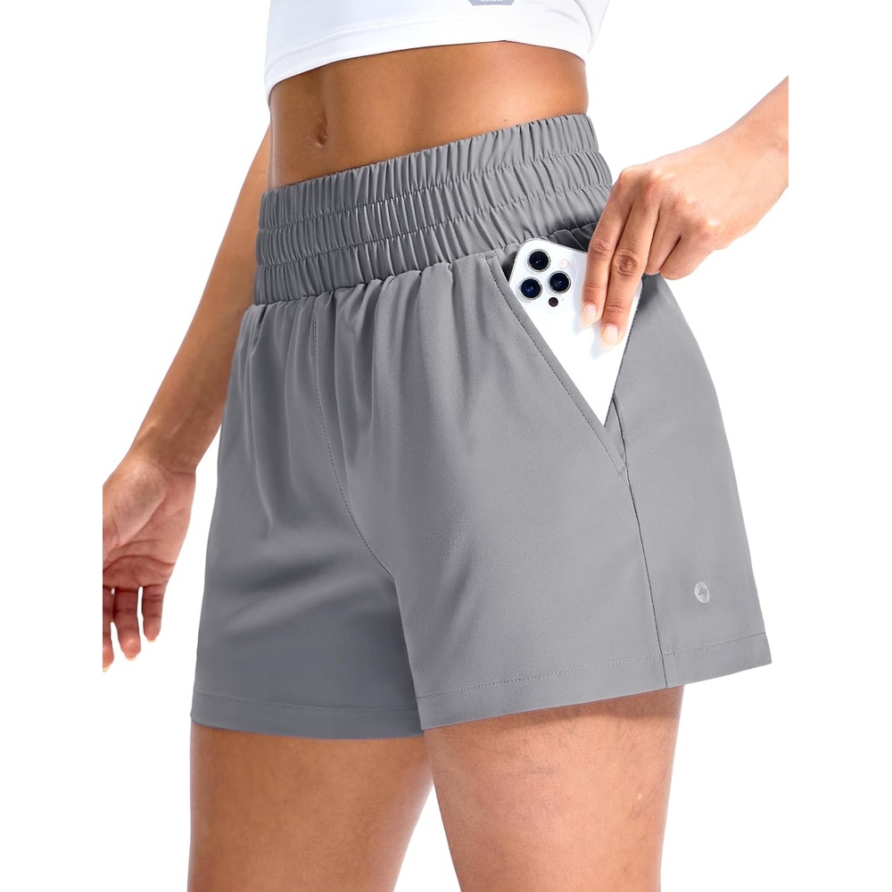 image:imageMIER Running Shorts for Women Quick Dry Mid Waisted Athletic Workout Gym Shorts with Mesh Liner 4 Inch Inseam 3 PocketsLight Grey