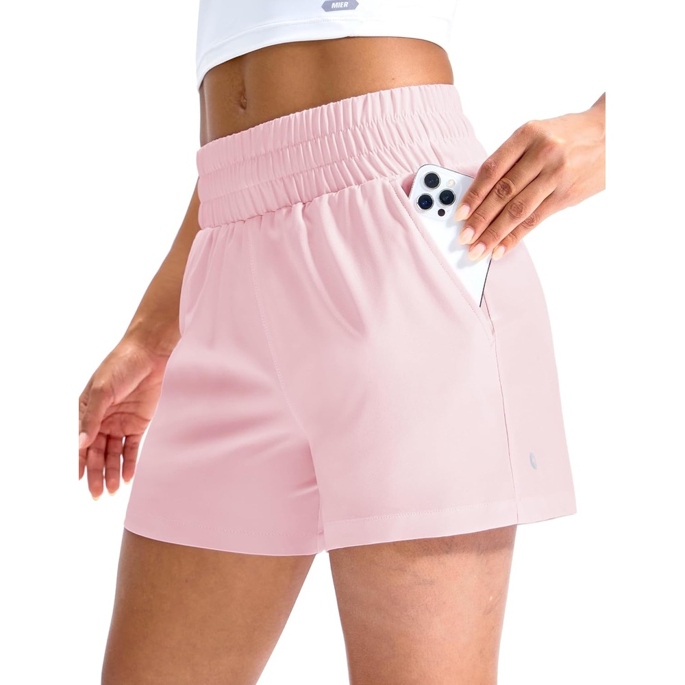 image:imageMIER Running Shorts for Women Quick Dry Mid Waisted Athletic Workout Gym Shorts with Mesh Liner 4 Inch Inseam 3 PocketsLight Pink