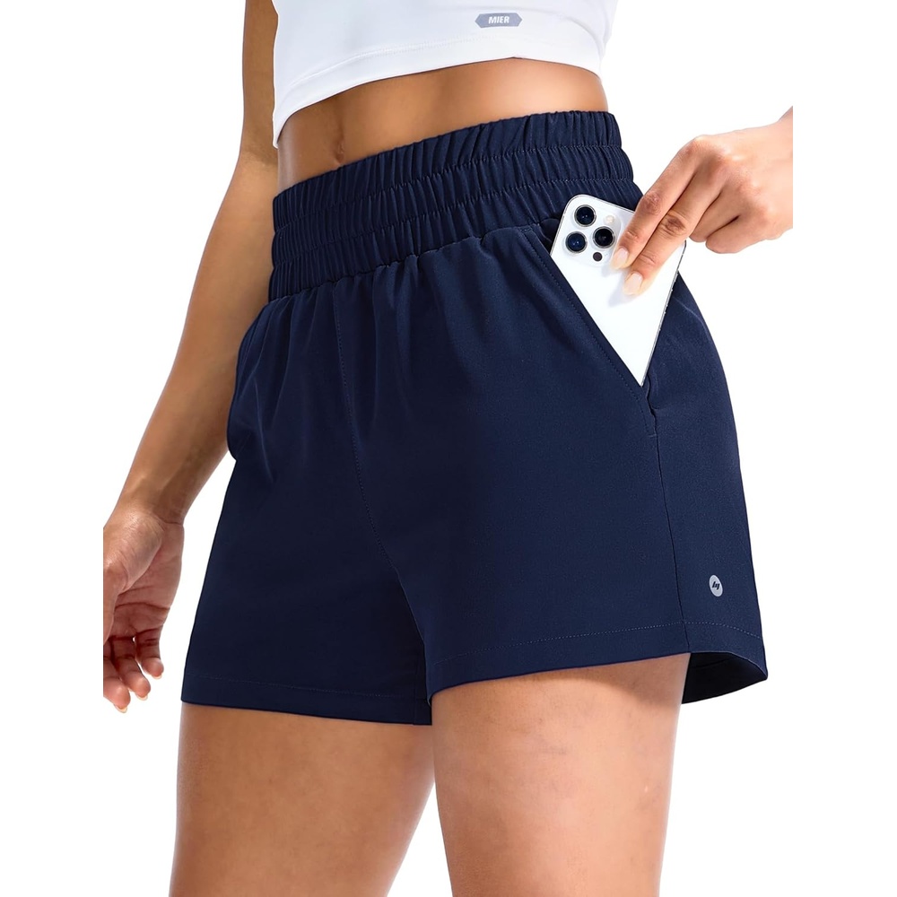 image:imageMIER Running Shorts for Women Quick Dry Mid Waisted Athletic Workout Gym Shorts with Mesh Liner 4 Inch Inseam 3 PocketsNavy