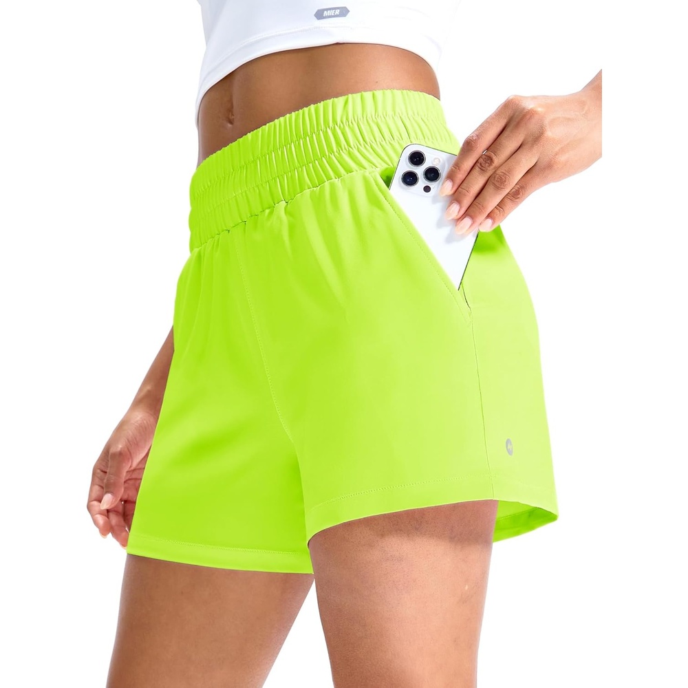 image:imageMIER Running Shorts for Women Quick Dry Mid Waisted Athletic Workout Gym Shorts with Mesh Liner 4 Inch Inseam 3 PocketsNeon Green