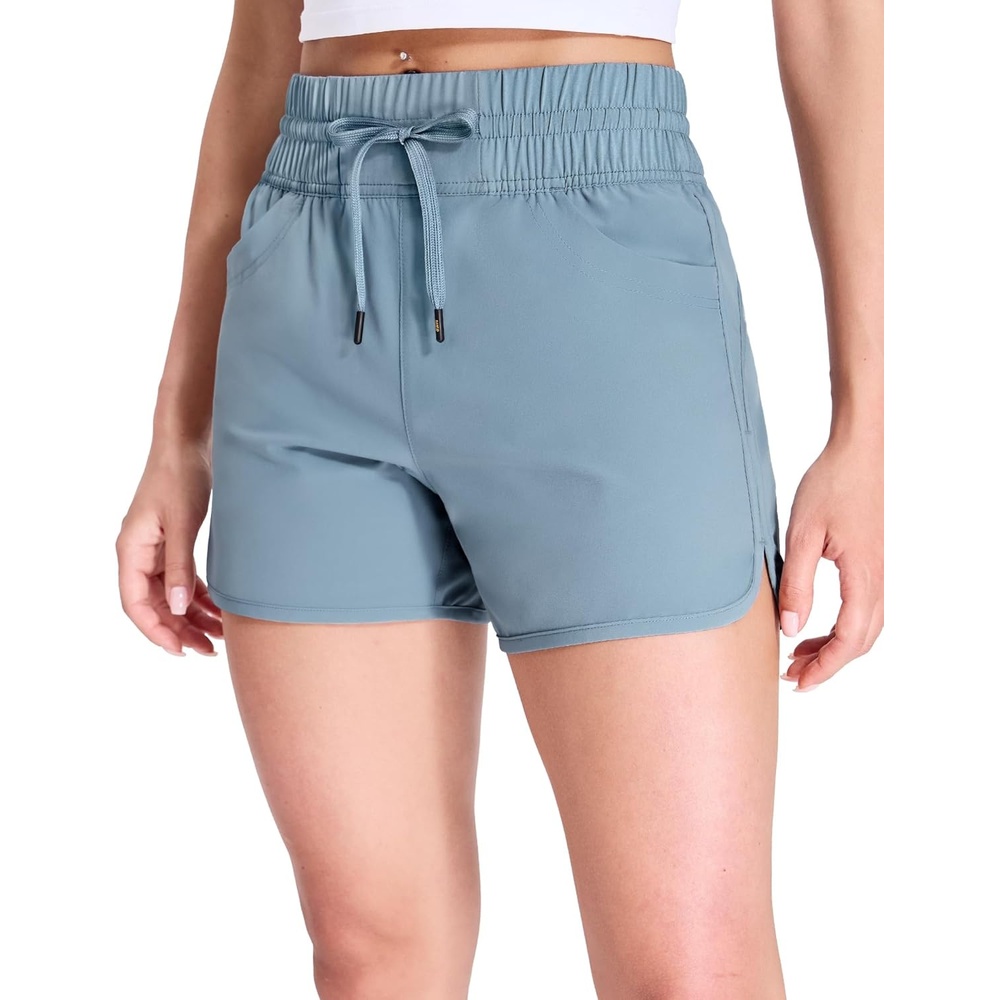 image:imageMIER Womens Running Shorts Quick Dry Athletic Workout High Waisted Active Shorts with Liner Zipper Pocket 4 InchDusty Blue