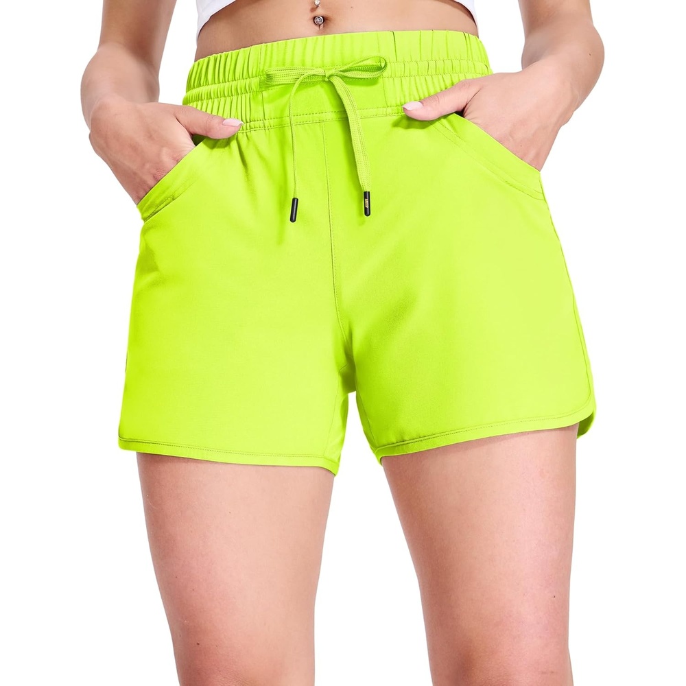image:imageMIER Womens Running Shorts Quick Dry Athletic Workout High Waisted Active Shorts with Liner Zipper Pocket 4 InchNeon Green